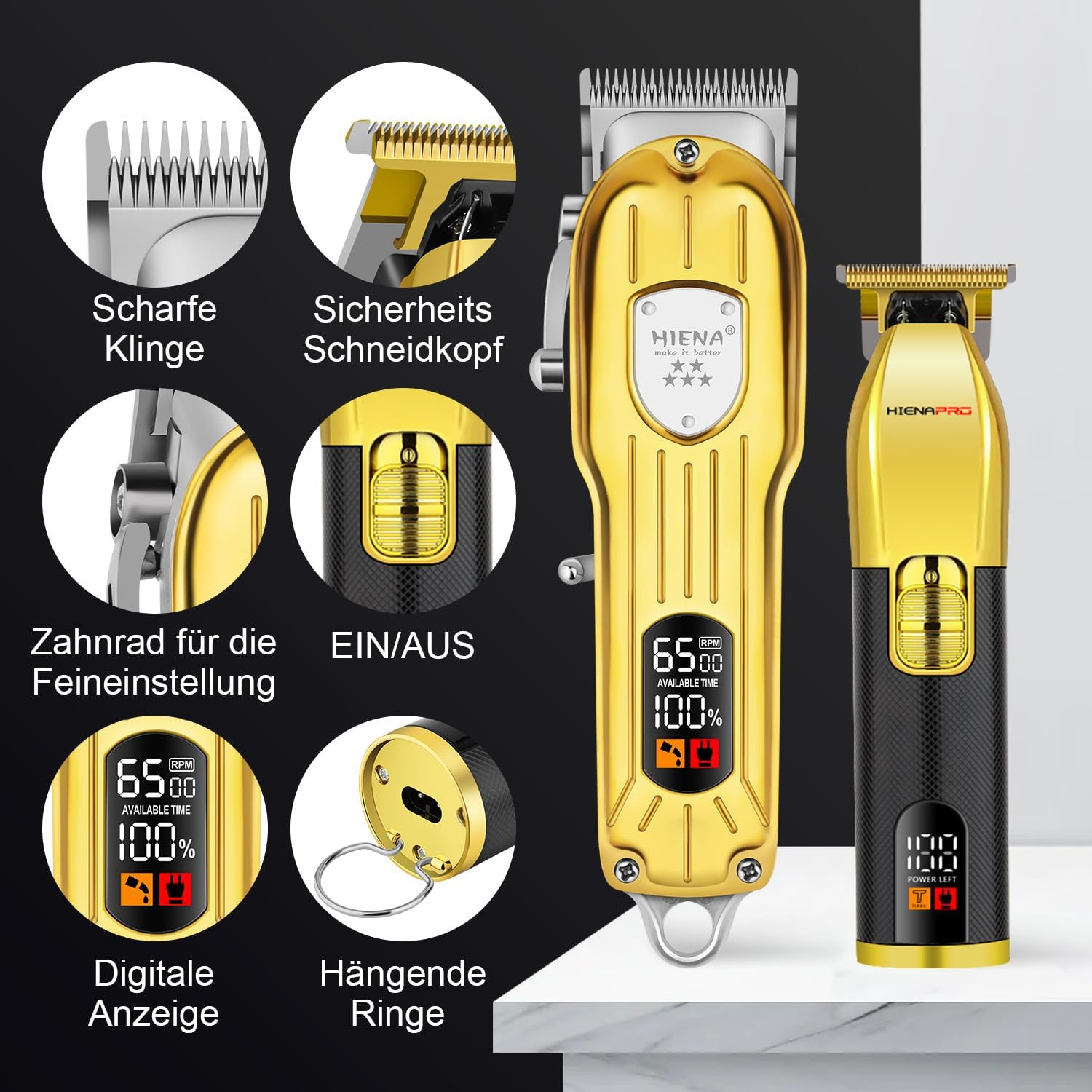 HIENA PRO Hair Trimmer Kit for Men, Hair Trimmer Kit, Beard Trimmer, Battery Hairdresser, Professional Hair Cutting Set, Beard Trimmer (Gold Black)