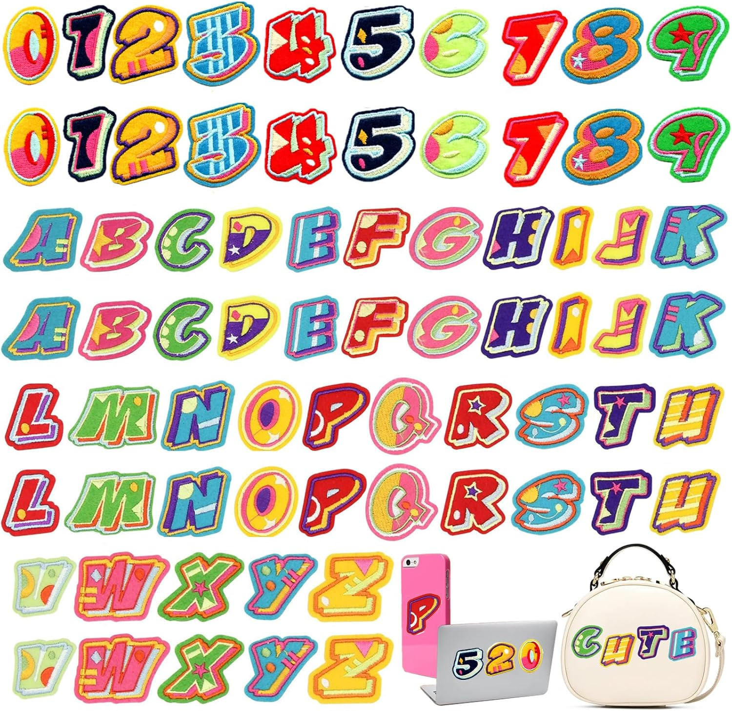 72Pcs Iron on Patches, Betterjonny White Embroidered Patches 52Pcs Alphabet a to Z and 20Pcs Number 0-9 Sew on Patches Capital Letters Numbers Patches for Clothes Shoes Hats Bags