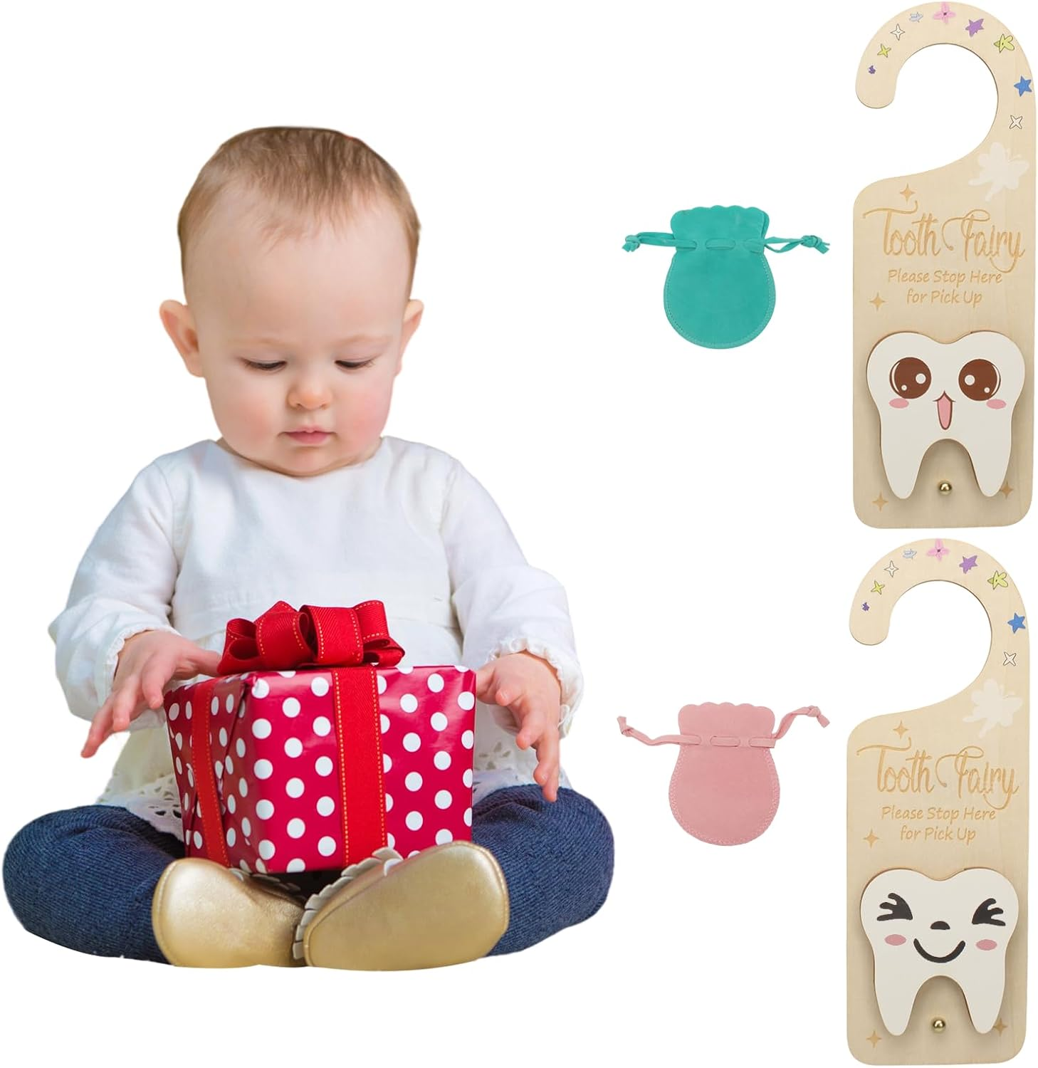 2 PCS Tooth Fairy Tooth Holder, Room Decor Tooth Fairy Door Hanger with Money Slot, Keepsake Bag & Elegant Patterns for Lost Teeth, Encourage Gift for Boys & Girls Milk Teeth image number 5