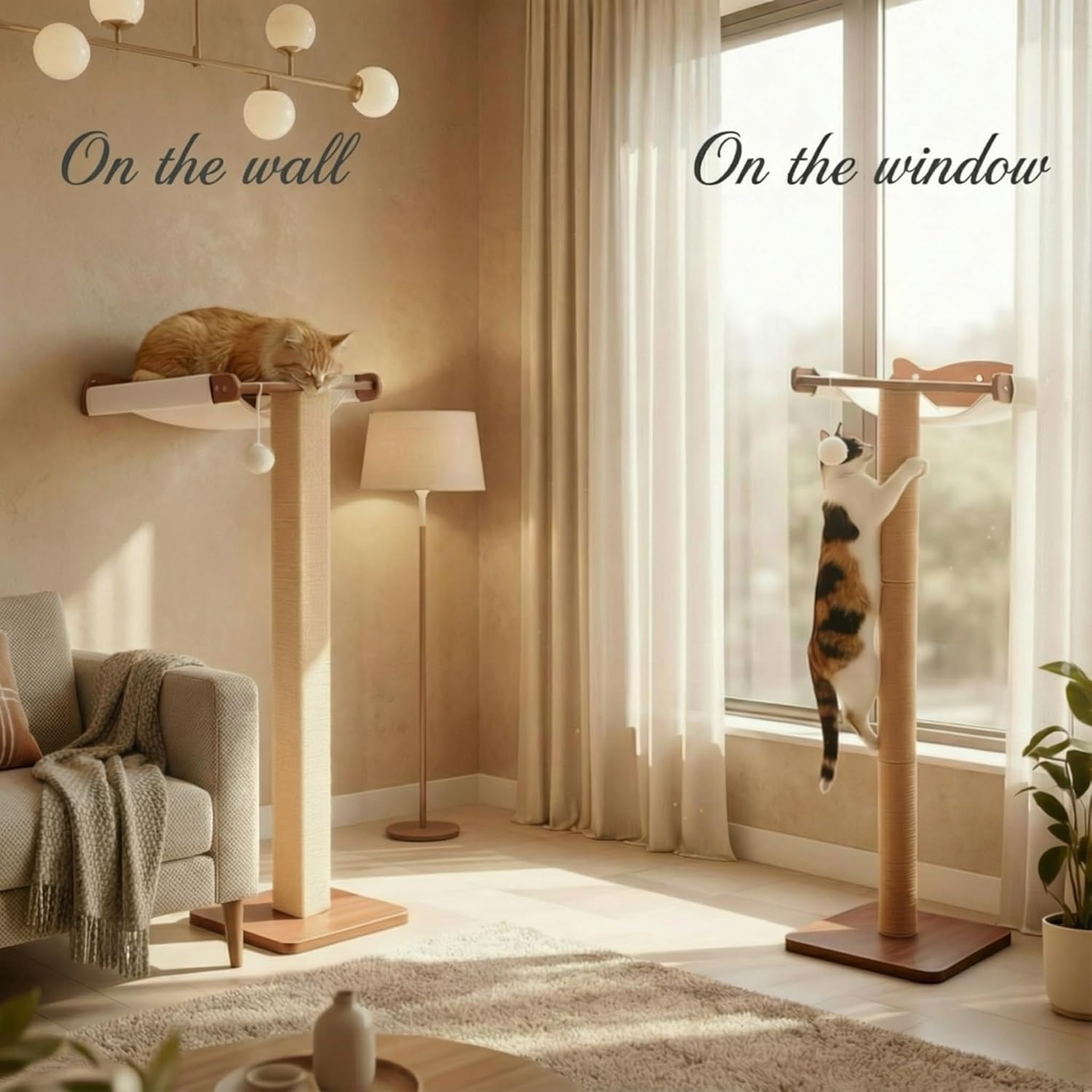 Sintuff Cat Window Perch with Scratching Post Climbing Tree Hammock Mounted with Suction Cups 46 Inch Tall Adjustable Narrow Cat Tree Climbing Pole for Playing Sleeping Watching Birds (Round) image number 5