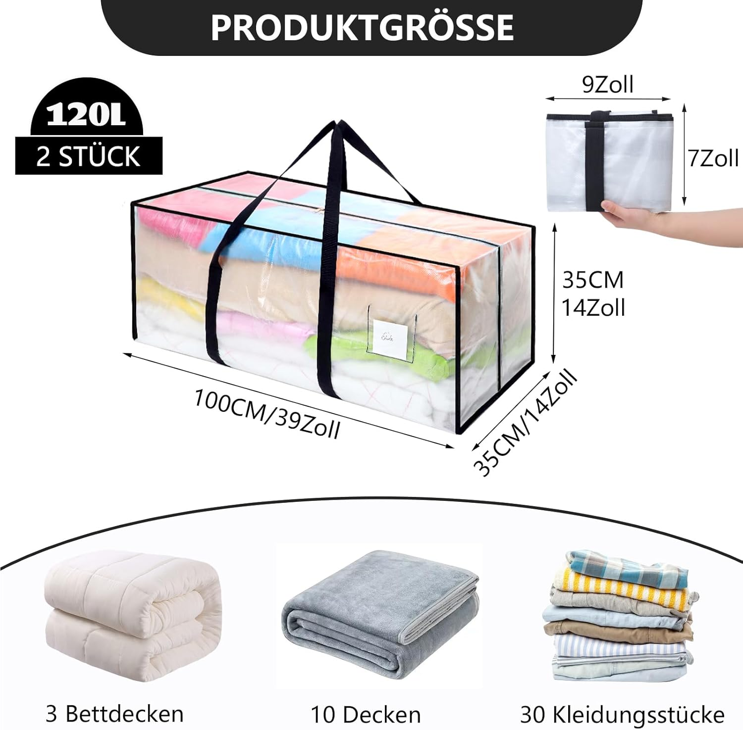 Dntorx Pack of 2 120 L Storage Bags, Heavy-Duty Moving Bags, Transparent Moving Boxes, Large with Zip, Handle, Foldable Storage Box for Moving, Camping, Bed Linen, Clothing Storage image number 4