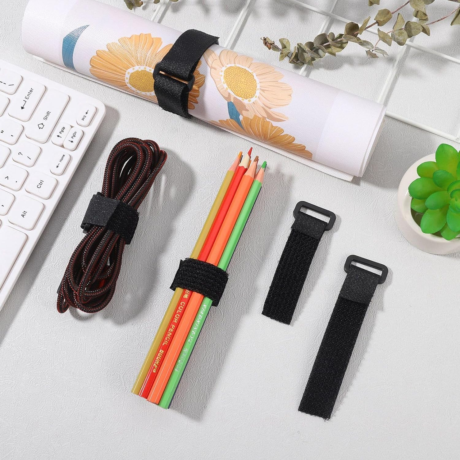 5M Hook and Loop Straps With25 Buckles, Adjustable Cable Straps, Free Cut Length, Reusable Nylon Securing Cord Ties for Organizer or Storage, 2CM Wide, Black image number 5