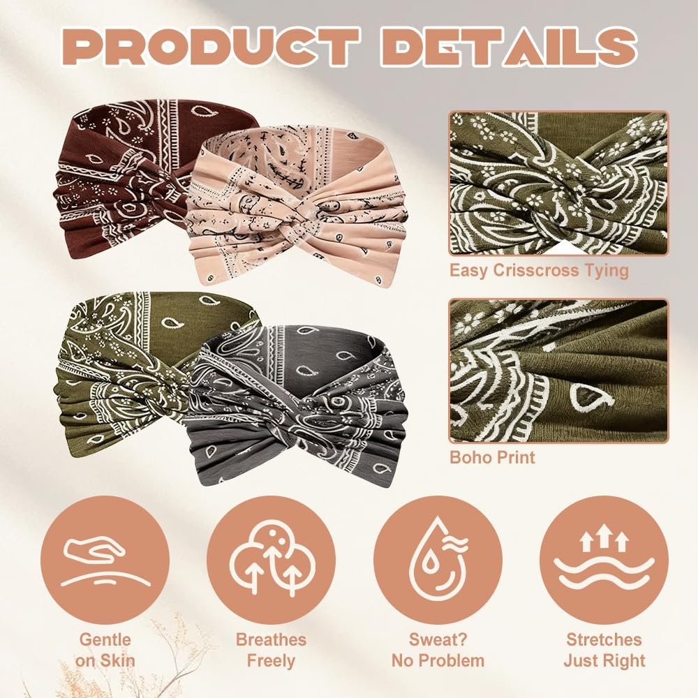 PLUSHCEWT Pack of 4 Women'S Headbands - Soft Polyester Boho Design Headband Women for Yoga, Sports & Everyday Use with Non-Slip Hold image number 3