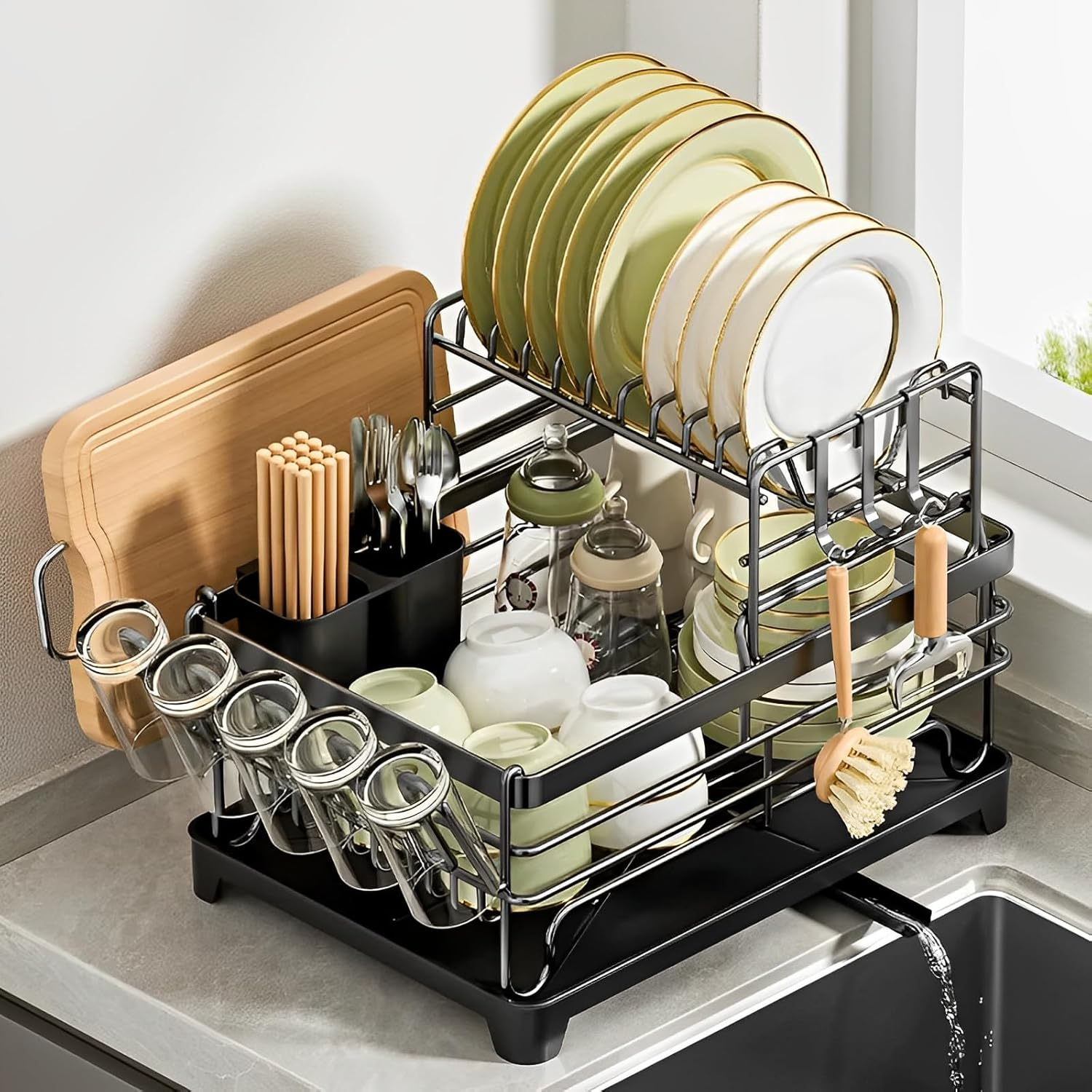Dish Drying Rack, Kitchen Storage & Organisation - over Sink Dish Drainer with 360&deg; Rotating Drain Board, Cup Holder, Chopping Board Stand, Utensils Holder, Strong Carbon Steel Plate Rack image number 1
