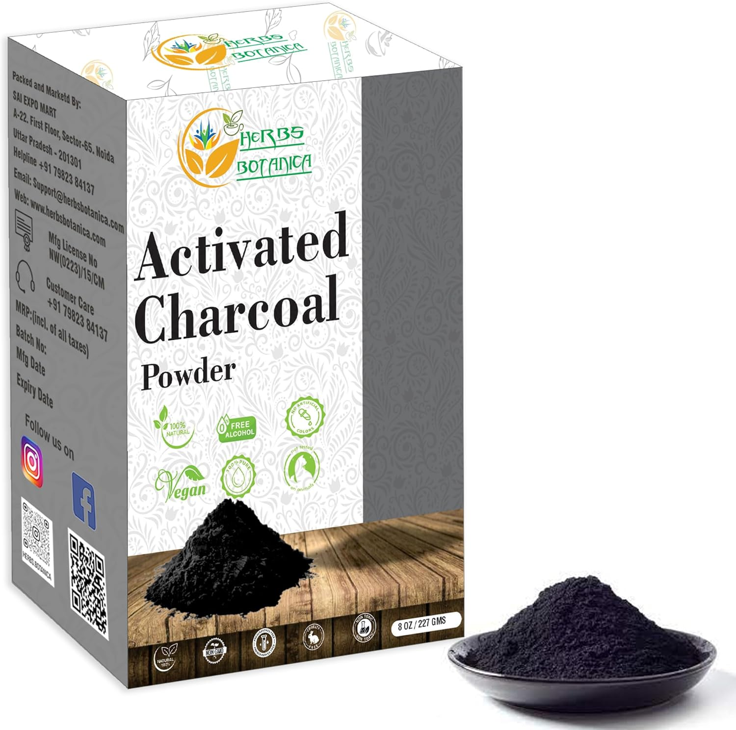Herbs Botanica Activated Charcoal Powder, Food Grade Natural Detoxifier for Digestive Health, Teeth Whitening, Detoxification & Bug Bite Relief 227 Gm