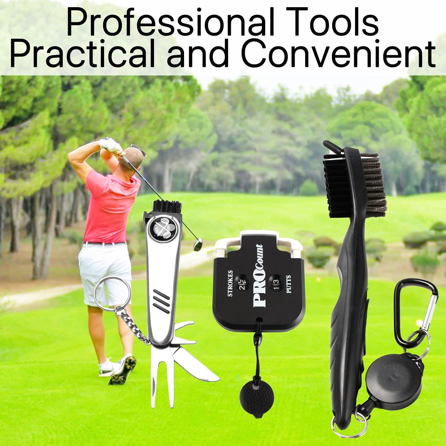 Golf Accessory Tool Set, Golf Club Brush, Foldable Divot Repair Tool with Golf Marker, Digit Counter, Pack of 3 Golf Sports Bag Kit (Black)