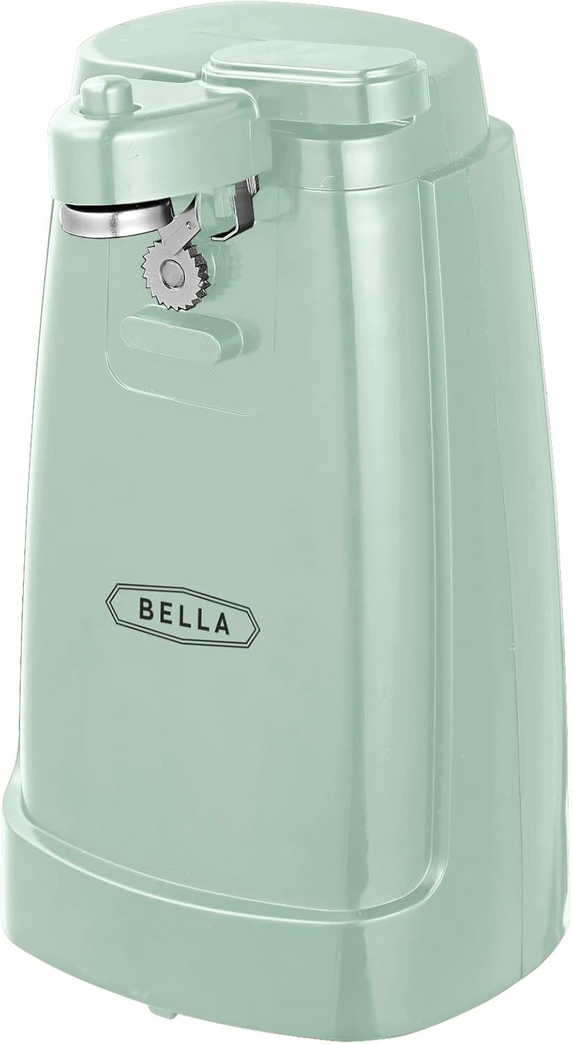 BELLA Electric Can Opener and Knife Sharpener, Multifunctional Jar and Bottle Opener with Removable Cutting Lever and Cable Storage, Stainless Steel Blade, Red