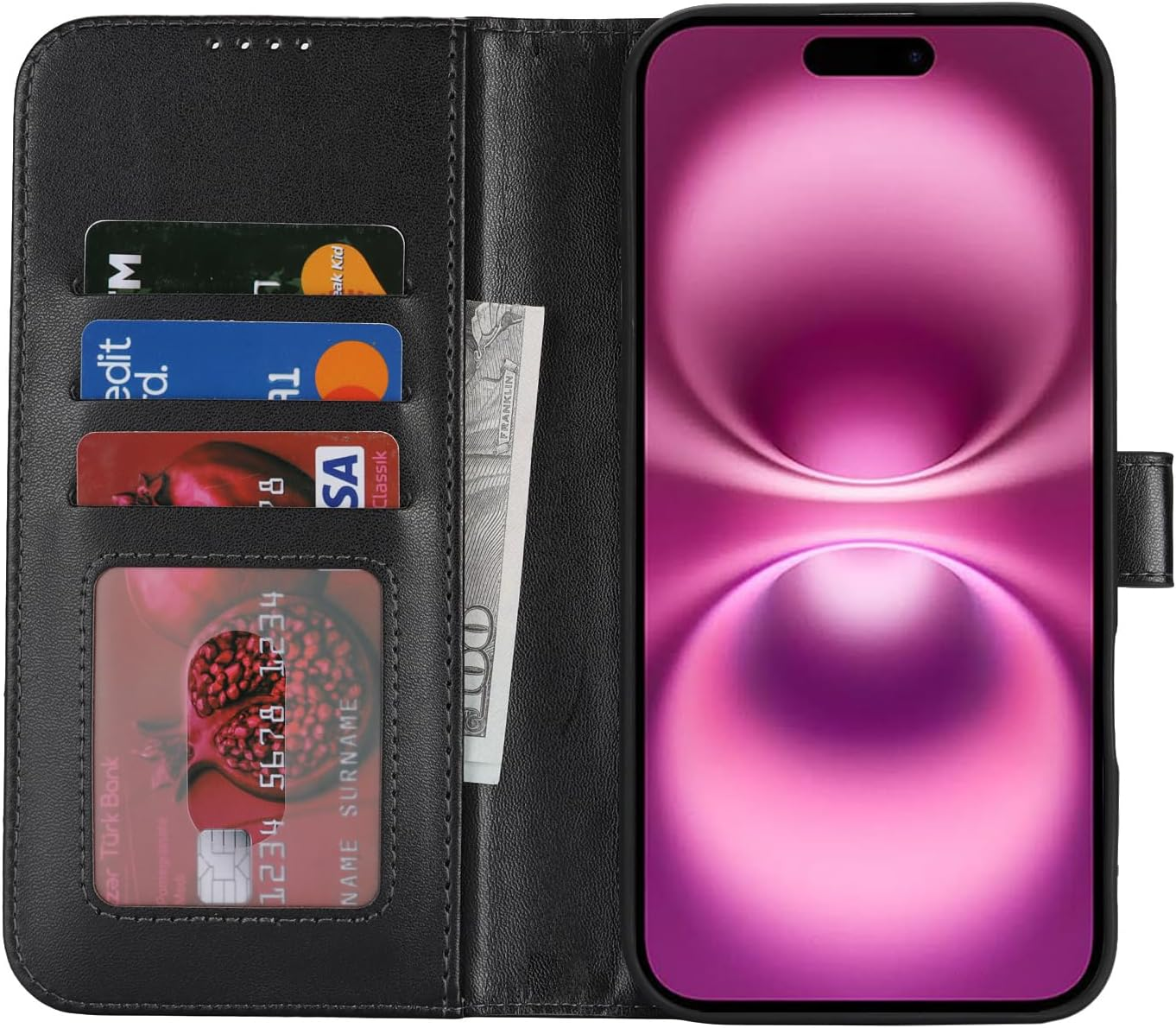 For Iphone 16 plus Case Phone Leather Wallet with Card Holders Slots Magnetic Flip Cover Purse Sunyoo Case Etui Portefeuille Pour Femmes Homme Coque Porte Feuille Carte for Iphone 16Plus Black image number 7