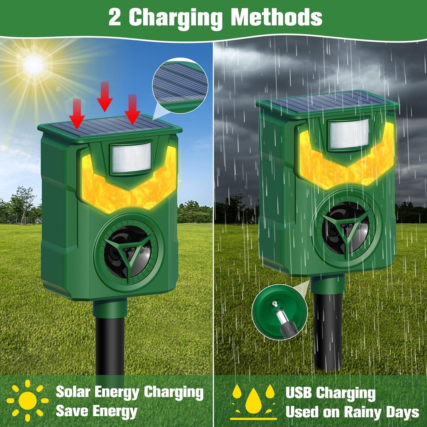 UOEPOWA Ultrasonic Cat Deterrents, 5 Sensitivity Modes Solar Cat Repellent Outdoor with Motion Detection, Bird, Fox, Raccoon, Mouse, Deer. for Chicken Coop, Farm,And Yard (1PC Green)