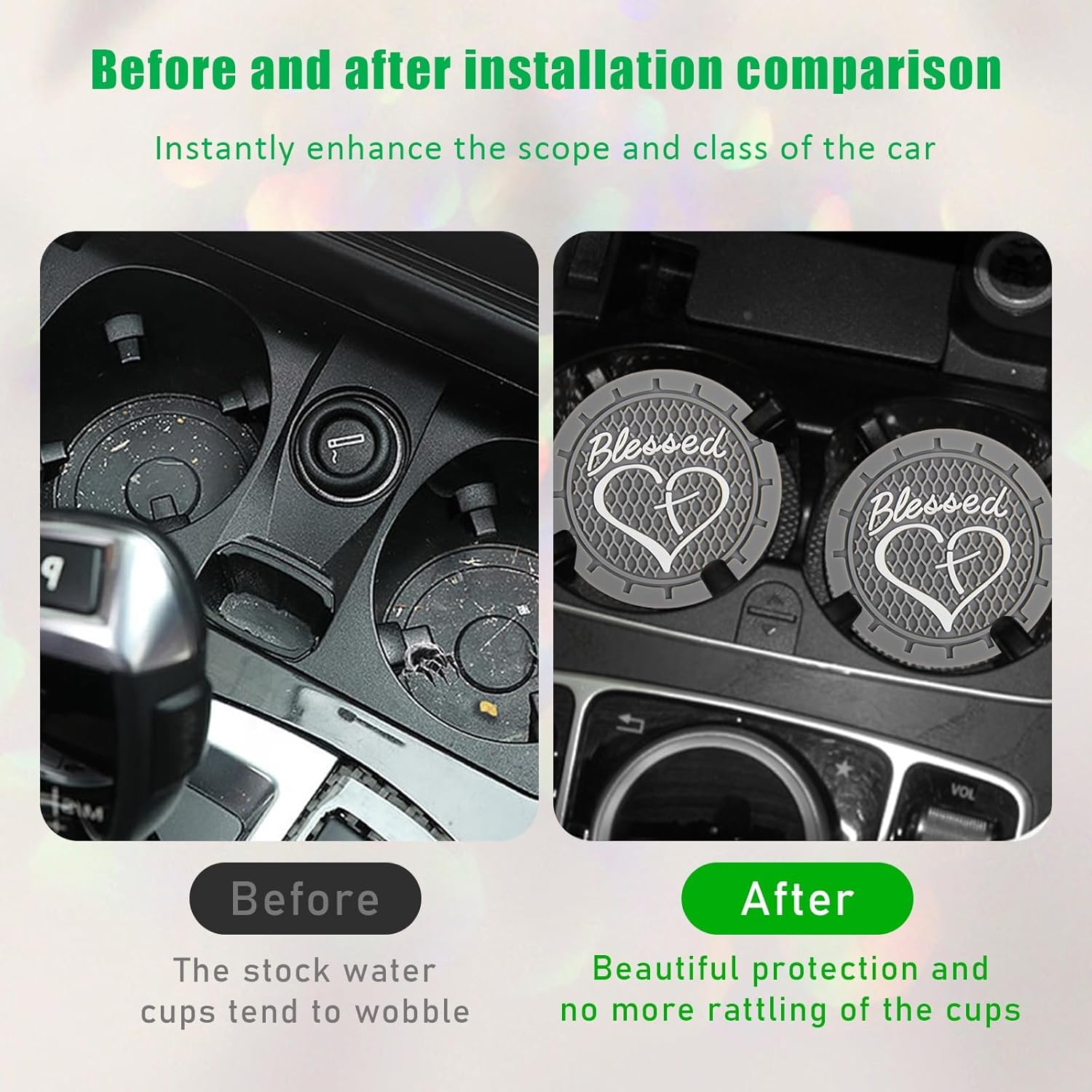 4PCS Car Cup Holder Coaster, Non-Slip PVC Insert Cup Coaster, 2.76 Inch Blessed Cross and Heart Christian Auto Drink Cup Mat, Universal Interior Accessories for Women Girls (Gray) - Grey image number 4