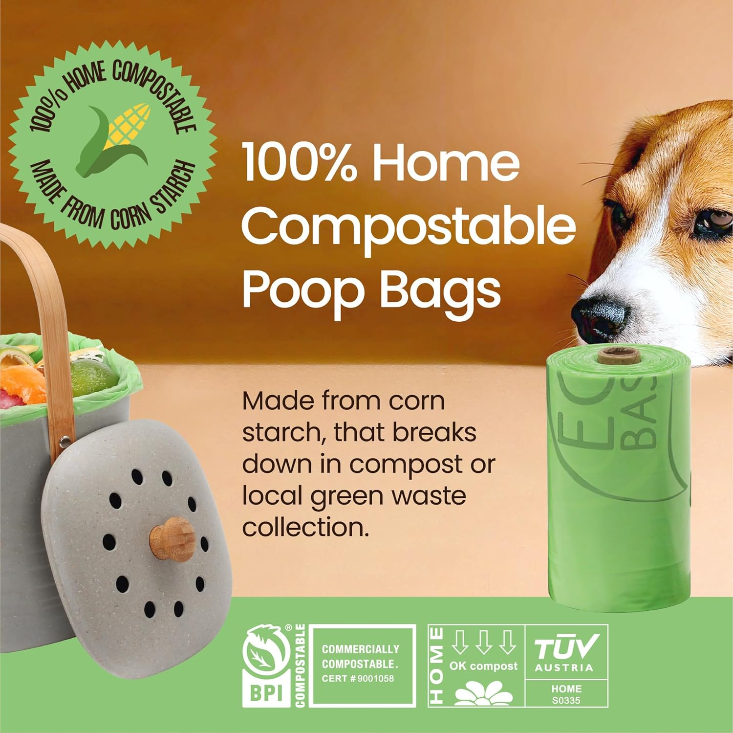 Eco Basics 100% Compostable Dog Poo Bags, 16 Rolls 240 Count, OK Compost Certified Thick Leak Proof Dog Waste Poo Bags 22 X 33 Cm, Unscented Doggy Poop Bag image number 2
