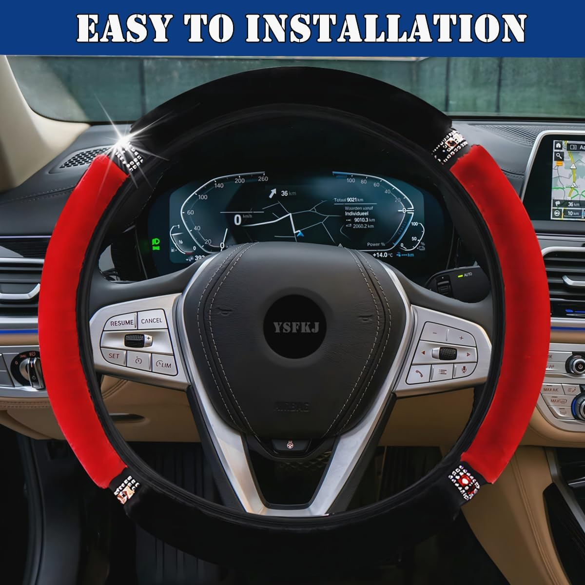 Diamond Fluffy Steering Wheel Cover with Sparkly Crystal Rhinestones, Universal 15 Inch Car Elastic Steering Wheel Protector for Women Girls (Red) - Red image number 5