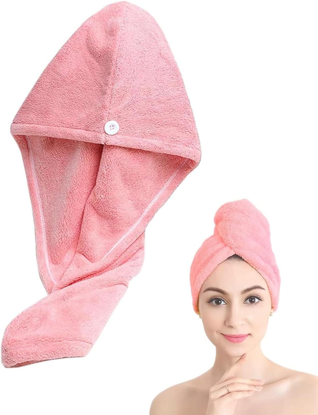 KEMUZ 1 X Microfibre Hair Towel, Super Absorbent Hair Turban for Wet Hair, Turban Towel with Button, for Home, Travel, Gym (Pink) image number 1