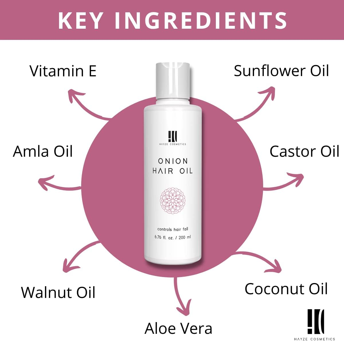 Hayze Onion Hair Oil for Hair Fall Control & Growth | with Almond, Hibiscus & Grape Seed | Scalp Soothing, Dandruff Care & Itching Relief | No Chemicals | Vegan | Light & Non-Sticky - 200Ml image number 1