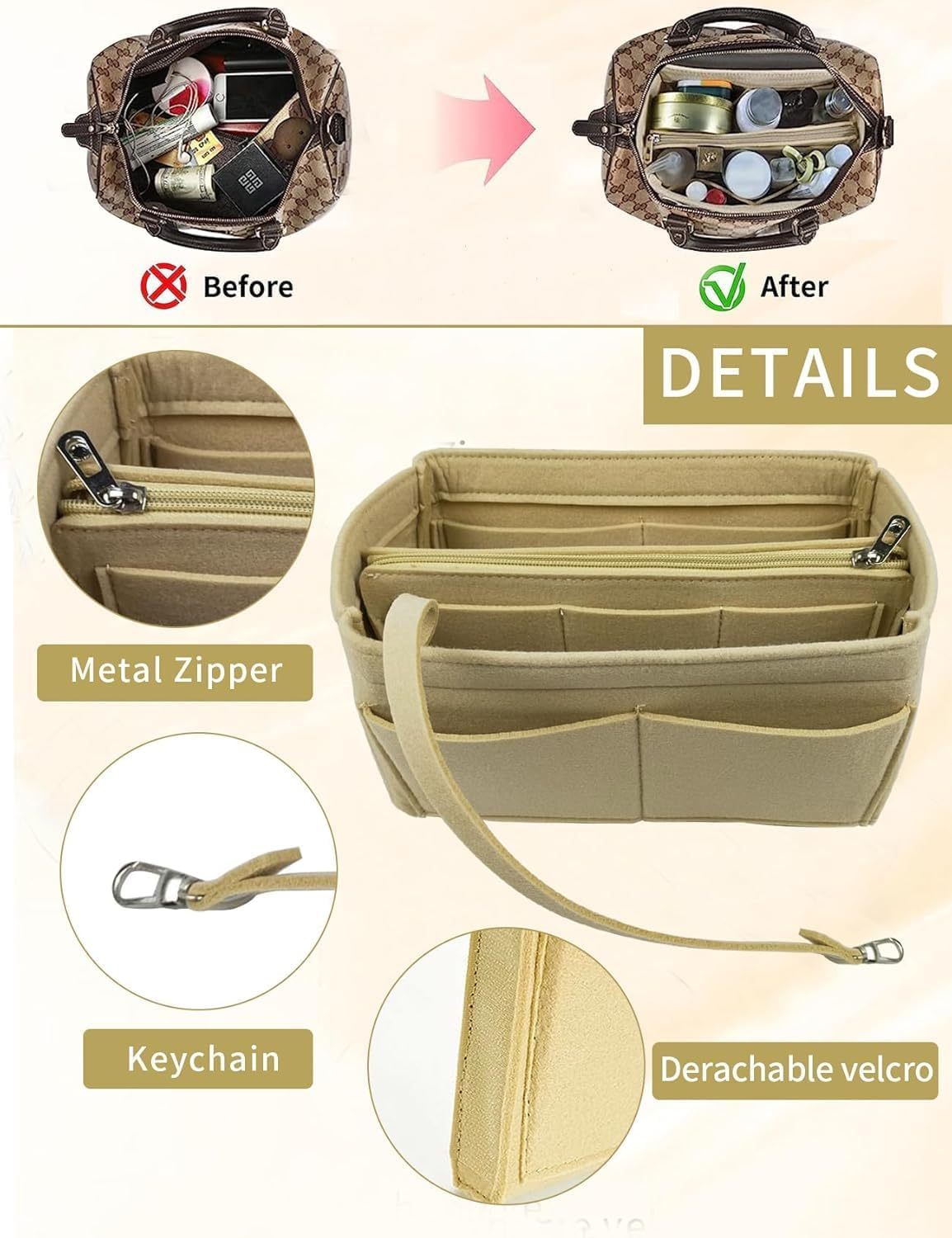 Purse Organizer Insert, Handbag Purse Organizer, Multi Pocket Wallet Organizer, Backpack Liner Organizer, Handbag Tote Shaper, Felt Bag Organizer with Zipper, Felt Bag Organizer for Tote (GREY) - Pk image number 7