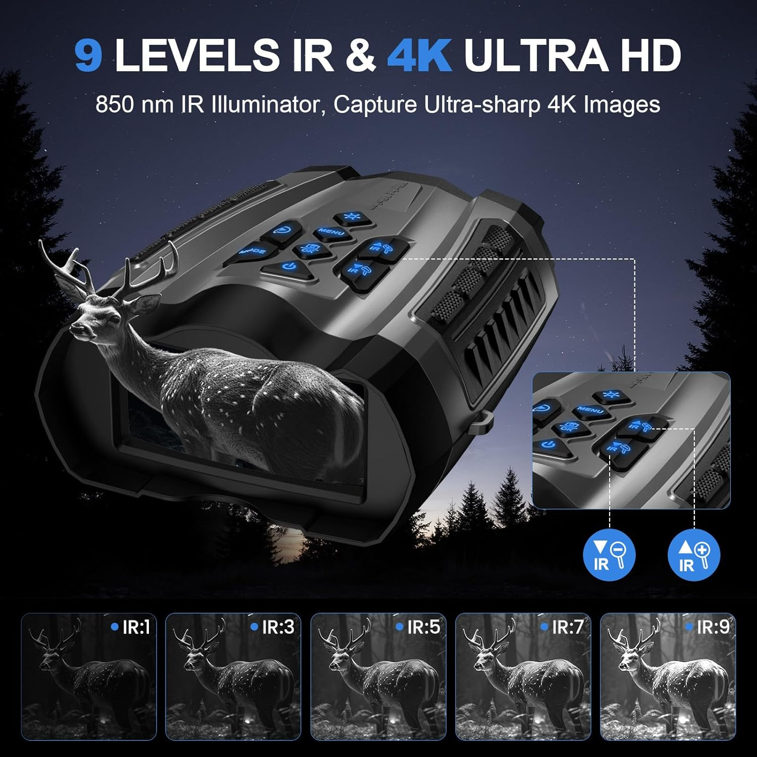 Night Vision Goggles, 4K Infrared Binoculars with Camera, 9 Gear Night Vision with 5000Mah Battery, 16X Digital Zoom Nightvision with 32GB TF Card, 3.5" HD Binoculars Gift for Mens - Light Gray image number 5