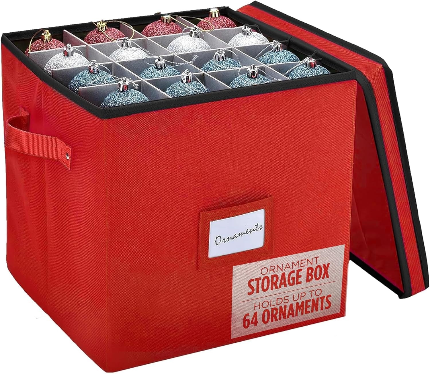 Christmas Ornament Storage - Stores up to 64 Holiday Ornaments, Adjustable Dividers, Covered Top, Two Handles. Attractive Storage Box Keeps Holiday Decorations Clean and Dry for Next Season. (Red)