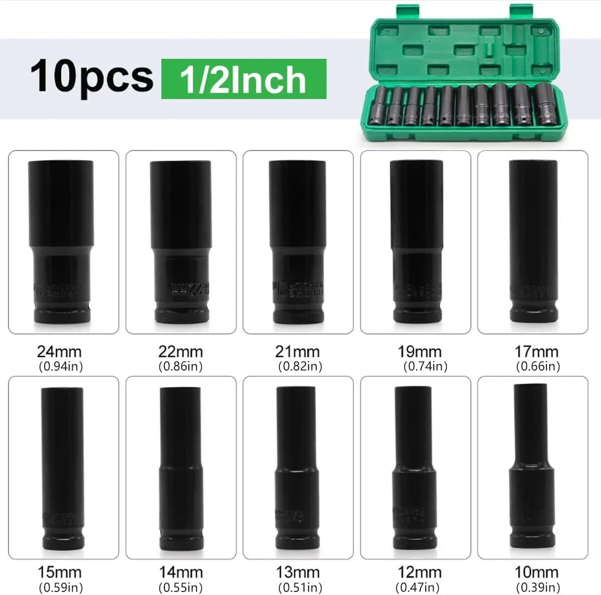 AIMALL 10PCS 1/2 Inch Deep Impact Socket Set, 10-24Mm CR-V Hex Sockets, Radius Corner Design, Heavy Duty Black Oxide Wrench Kit for Auto Repair & Maintenance image number 2