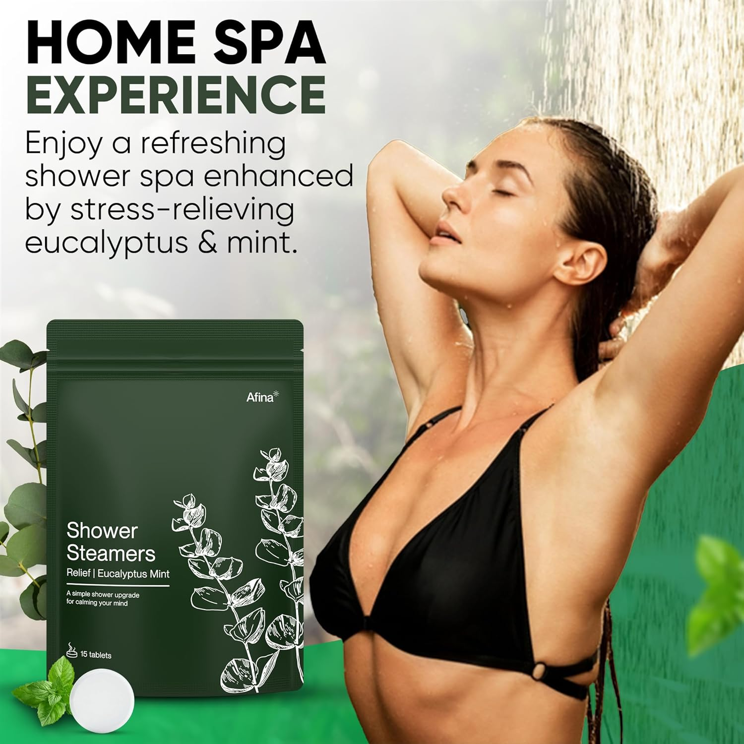 Afina Shower Steamers | Relief | Eucalyptus Mint | Natural Aromatherapy for Stress Relief and Relaxation | Spa Gifts for Women & Men (6 Count)