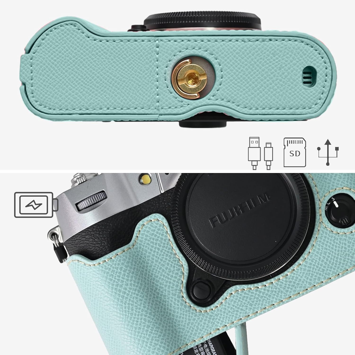 VOVMOEYA Camera Case for FUJIFILM X-T50 Mirrorless Digital Camera,Fuji XT50 Half Case with Soft Microfiber Inner,Function Well with 1/4"-20 Thread Hole Retro PU Leather Texture-Light Blue - Choc image number 7