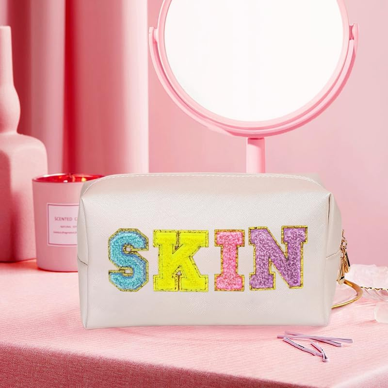 2 Preppy Patch Makeup Bag Chenille Letters Cosmetic Bag Personalized Initial Cute Face Skin Pu Leather Portable Waterproof Toiletry Bag with 1Silicone Keychain Travel Make up Bag for Women Teen Girls image number 3