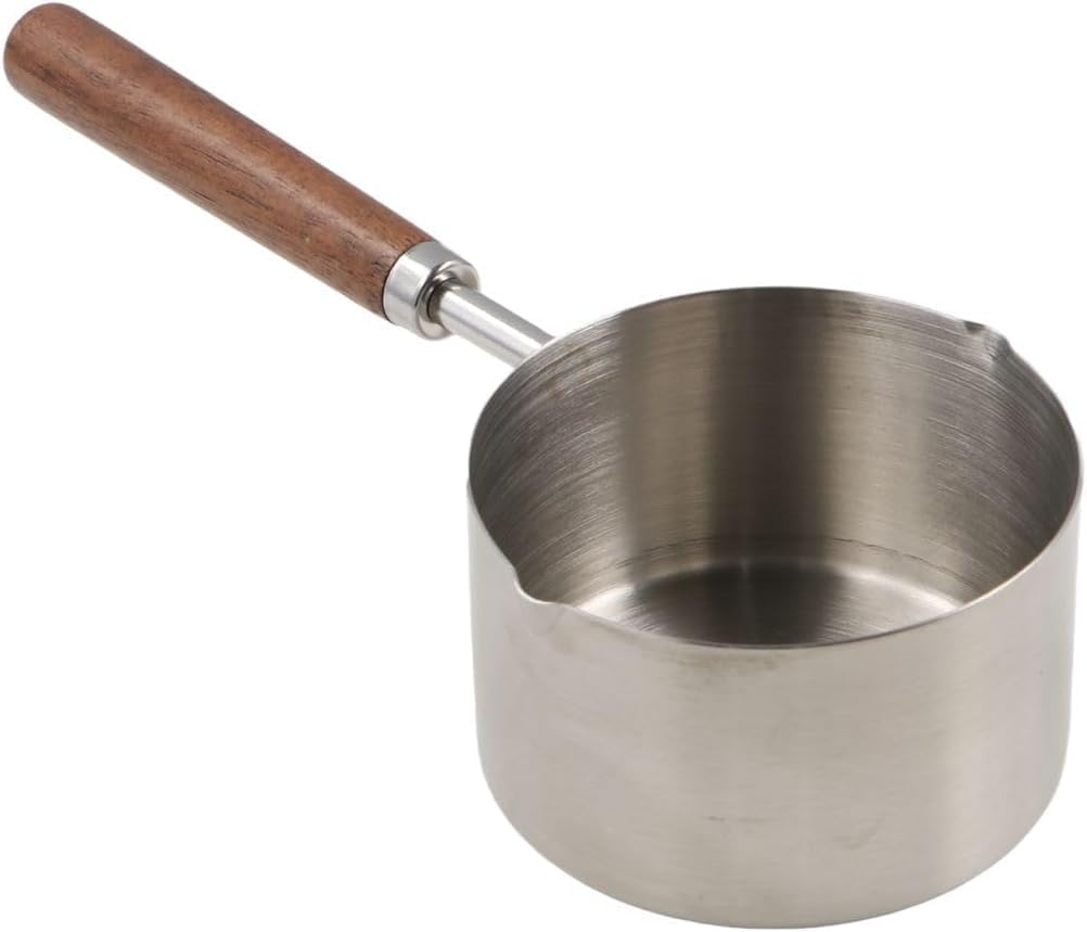 Small Milk Pot Stainless Steel Saucepan Wood Handle Saucepan 250Ml Butter Warmer with Dual Pour Spout Candy Melting Pot Mini Frying Pan Soup Pot (Stainless Steel, 250Ml) image number 5