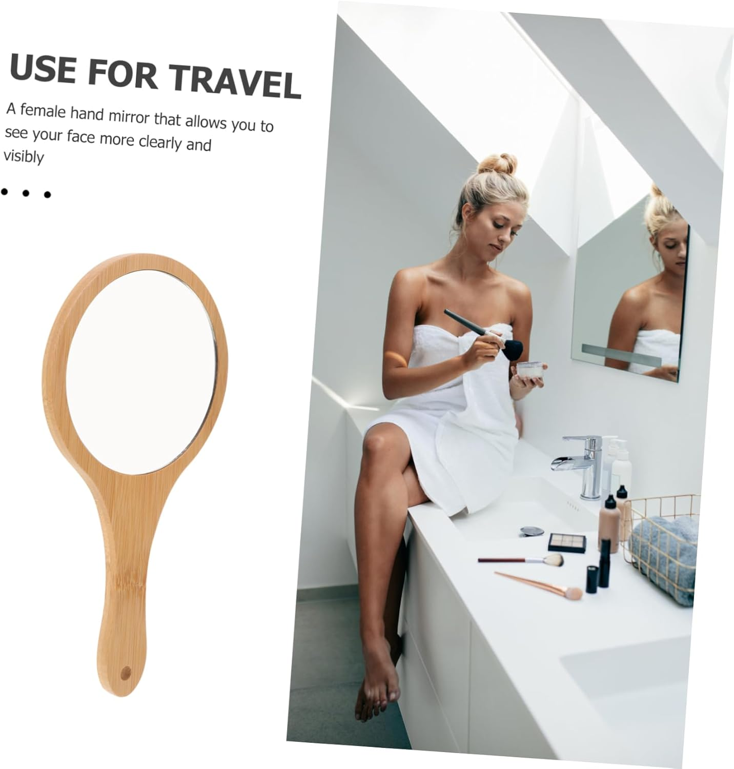 Portable Women Makeup Mirror Handheld Vanity Mirror Bamboo Handle Travel Essential image number 5