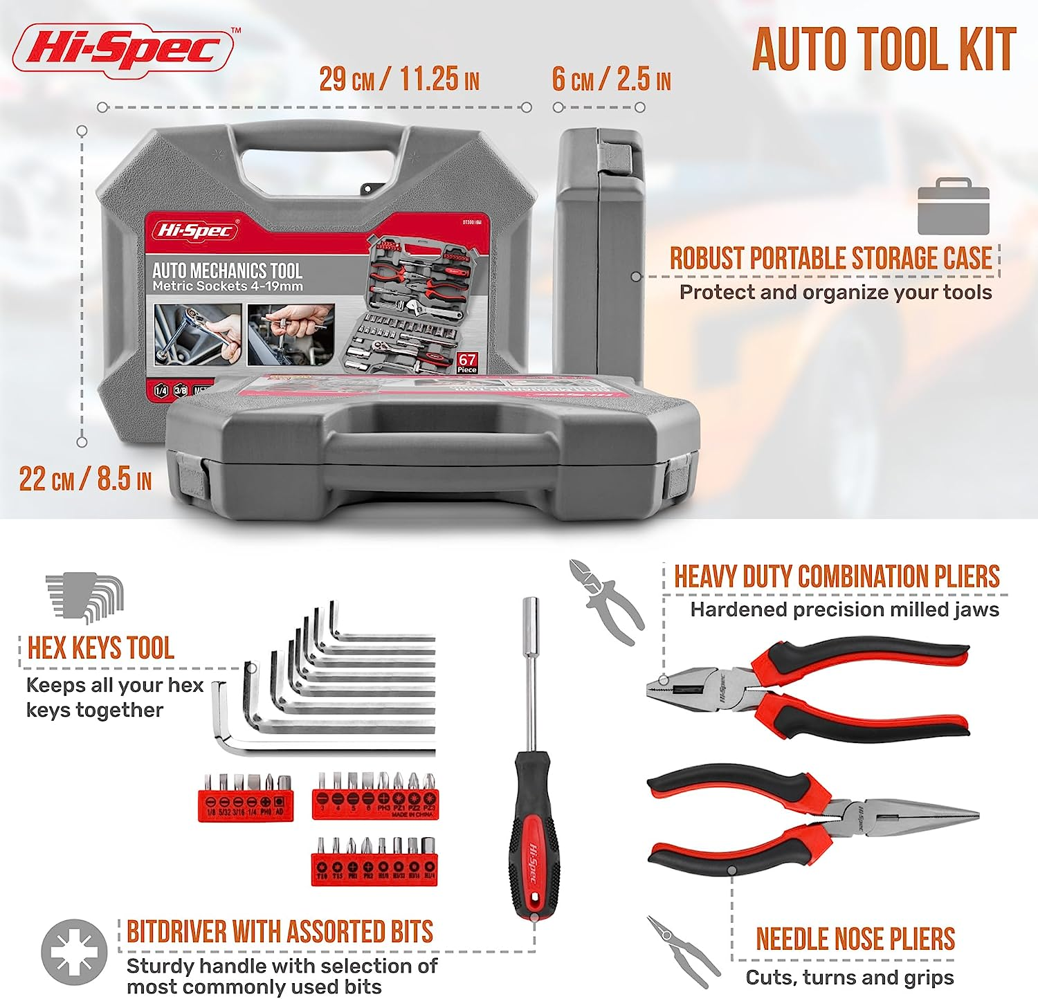 Hi-Spec 67Pc Metric Auto Mechanic Tool Set, Motorcycle & Car Toolkit, Auto Repair Toolset with Pliers, Screwdriver Set, Socket Kit & Tool Box Storage Case for Cars, Trucks, Boats Rvs & Jeeps image number 2