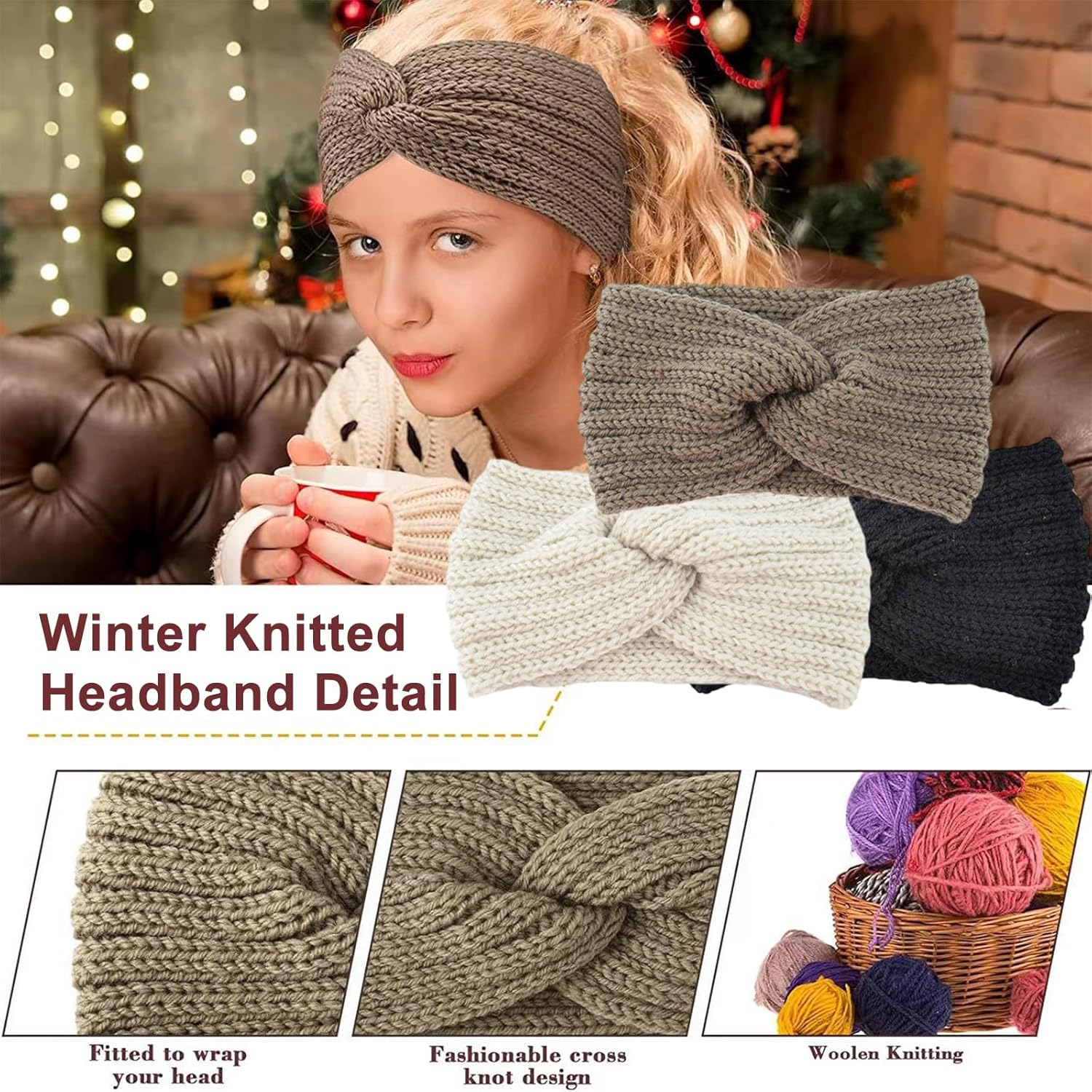 Women'S Winter Headband, Pack of 3, Knitted Headbands, Knitted Headbands, Ear Warmers, Elastic, Knitted Headwrap, Elastic, Wide, Versatile for Autumn and Winter image number 1