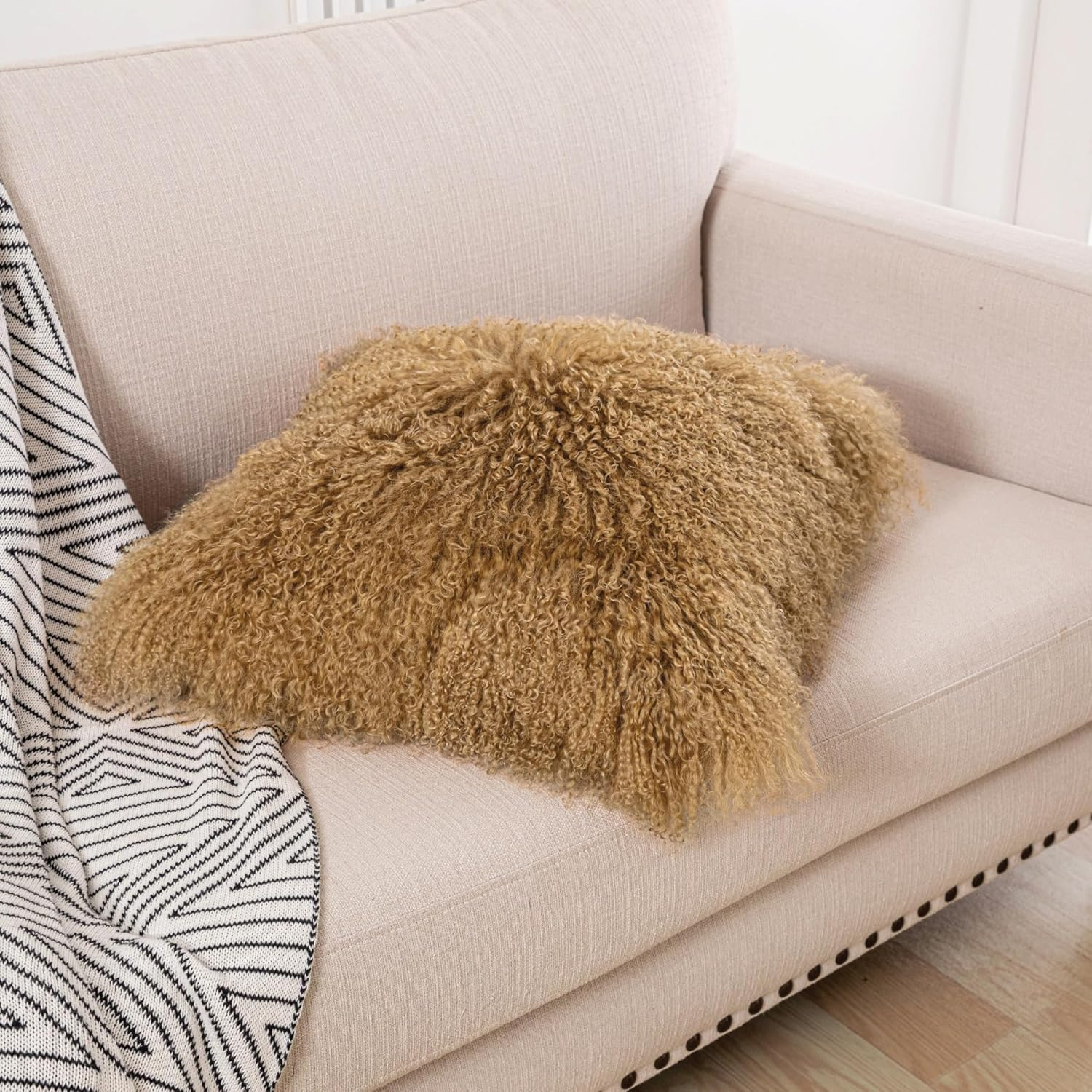 Luxury Mongolian Lamb Fur Pillow Covers Sheepskin Curly Wool Pillowcase Furry Leather Decorative Throw Cushion Cover for Couch and Bed Chair, No Pillow Insert, 18 X 18 Inch, Khaki image number 5