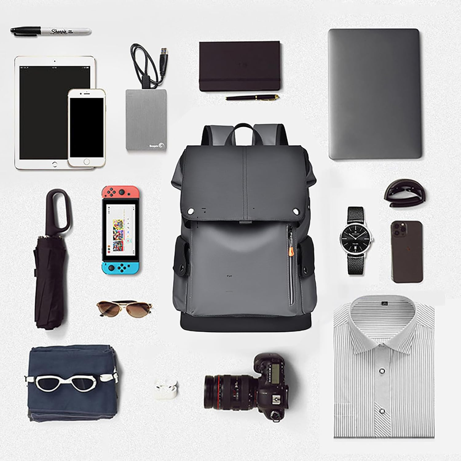 Travel Backpack Waterproof, Drawstring Anti-Theft Tech Backpack with Laptop Compartment Camping, Hiking, Sport, School, College Bag, Business - Black Gray image number 2