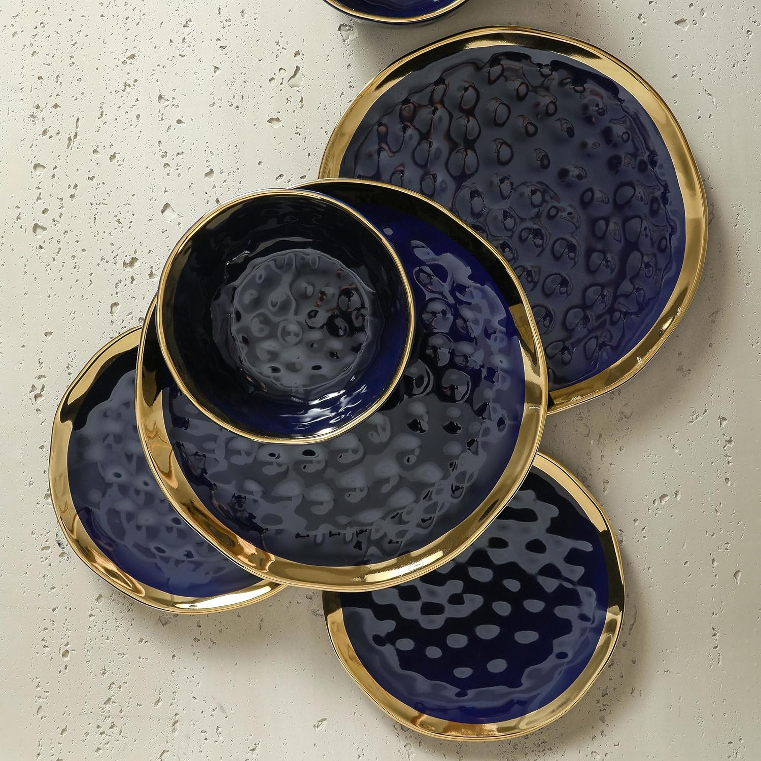 Stone Lain Porcelain 16 Piece Dinnerware Set, Service for 4, Blue and Golden Rim, Dark Blue - Blue With Gold Rim image number 4