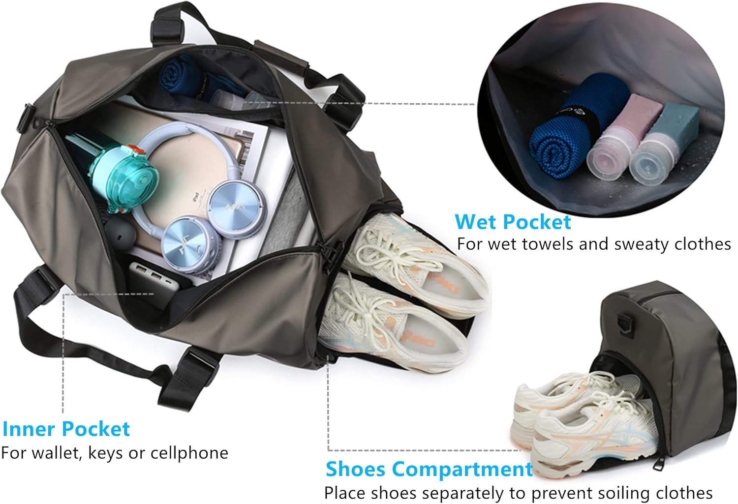 Gym Sport Bag Men Women, Travel Duffle Bag with Shoes Compartment and Wet Pocket, Big Capacity Weekend Overnight Bag with Shoulder Strap for Gym Sports Travel Swimming Camping, Black, Sports Gym Bag - Black image number 2