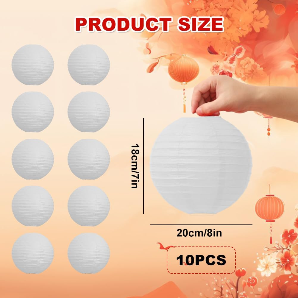 Lanterns round 20 Cm, White Lanterns, Pack of 10 Paper Lanterns, Hanging round Paper Lanterns, Paper Lamps for Wedding, Church, Garden, Party Decoration image number 2