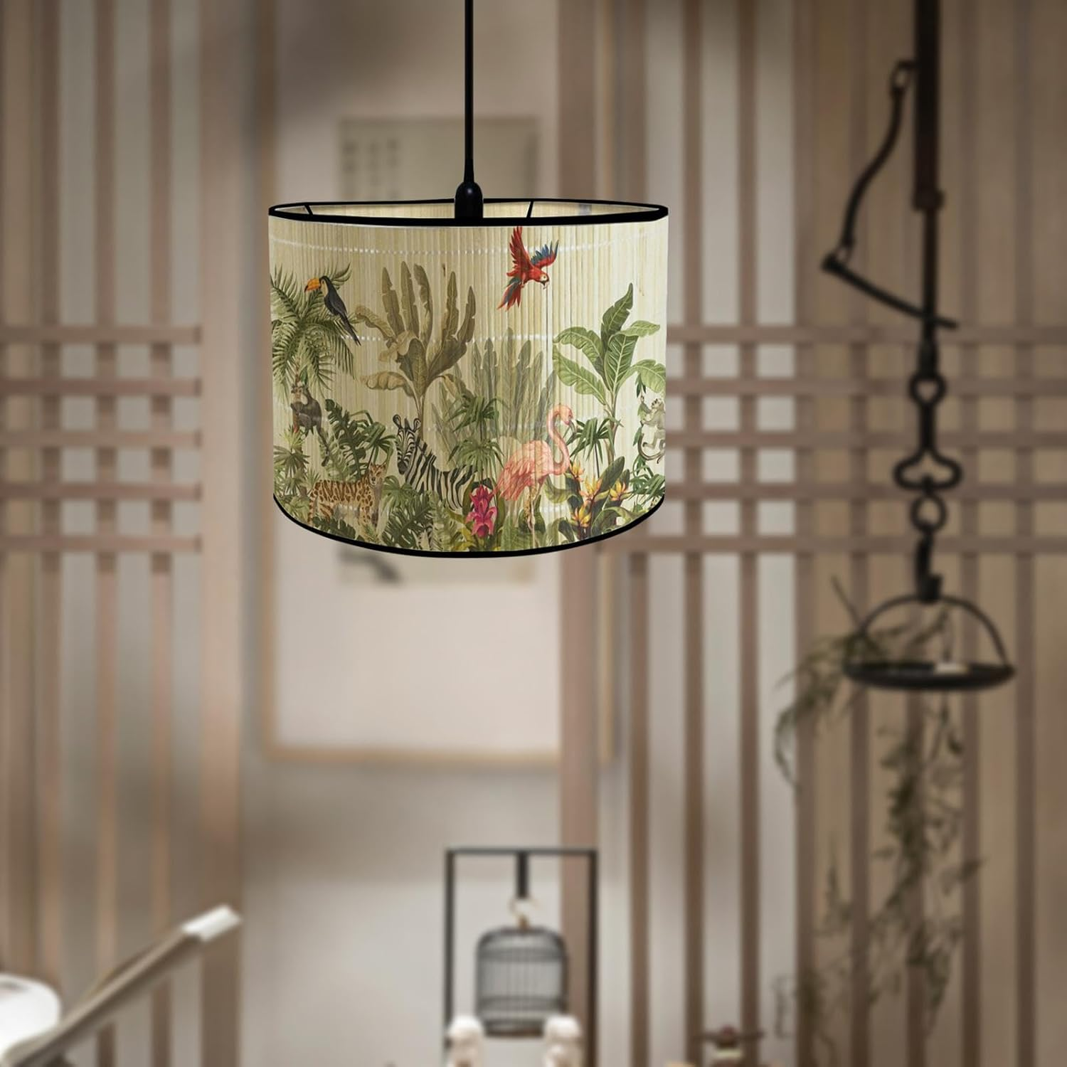 MFMEXUL Bamboo Lampshades, Drum Lampshade, E27 Removable Rod, Japanese Lampshade for Floor Lamps, Desk Lamps, Birds, as Described - Flower Birds image number 5