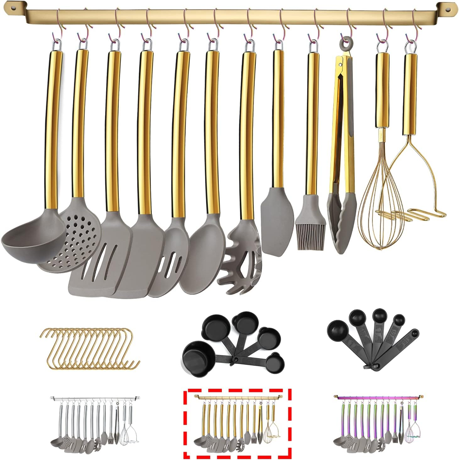 38 Piece Silicone Kitchen Cooking Utensils Set with Utensil Rack, Silicone Head and Stainless Steel Handle Cookware, Kitchen Tools, Non-Stick Kitchen Gadgets, Dishwasher Safe (Rainbow)