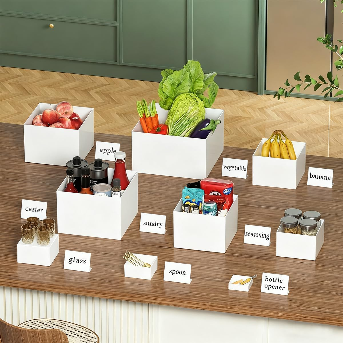 Blissify 8 Pack Buffet Risers, Acrylic Boxes for Display, Square Cube Food Display Stand with Mini Signs for Party, Cupcake, Candy, Brunch, Jewelry, Decor, White image number 6