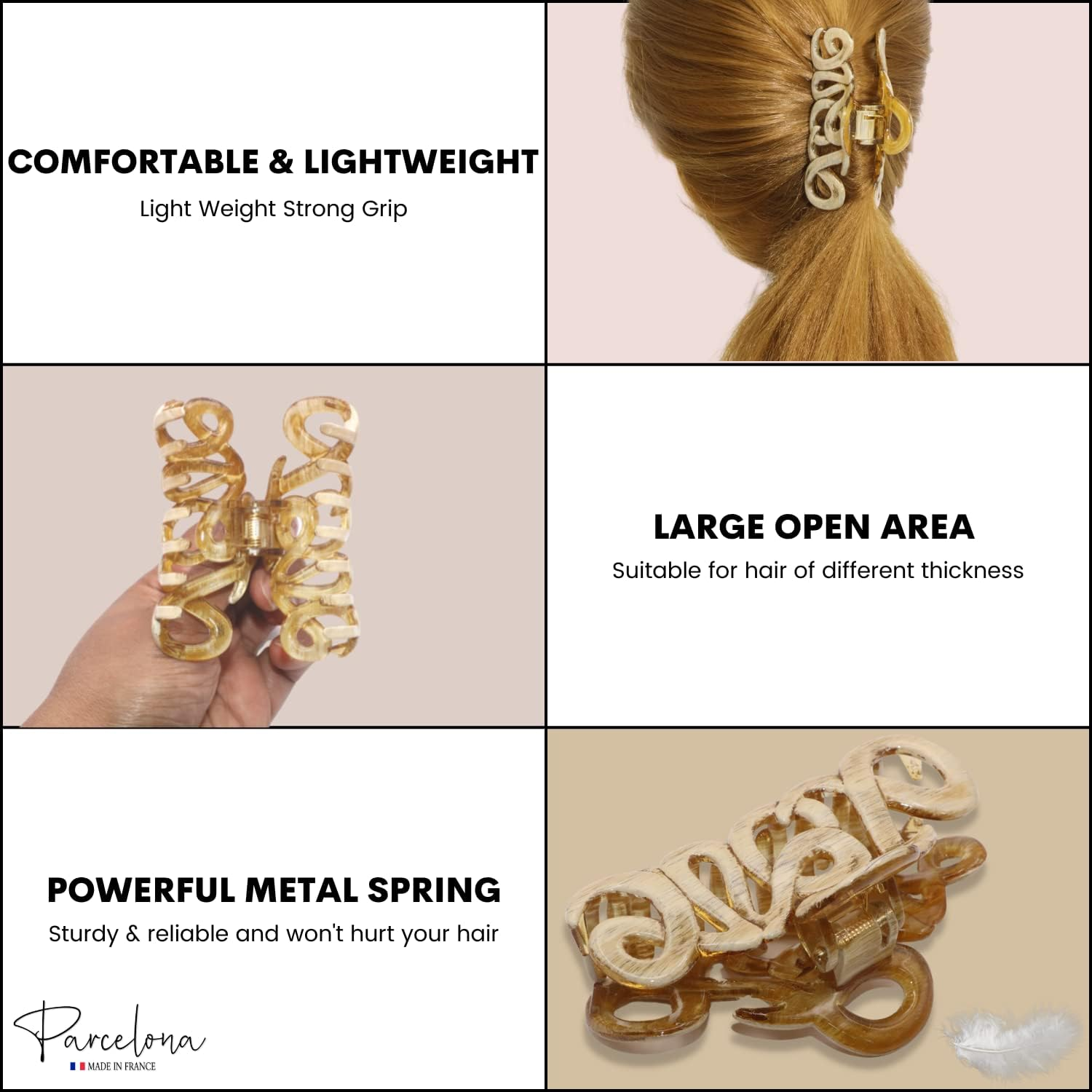 Parcelona French Love Medium 3" Celluloid Acetate Claw Clips Covered Spring Durable Fashion Hair Styling Clips Women Hair Accessories Girls Hair Clips, Made in France (Dusty Beige Brown) - Tortoise Shell Brown image number 7