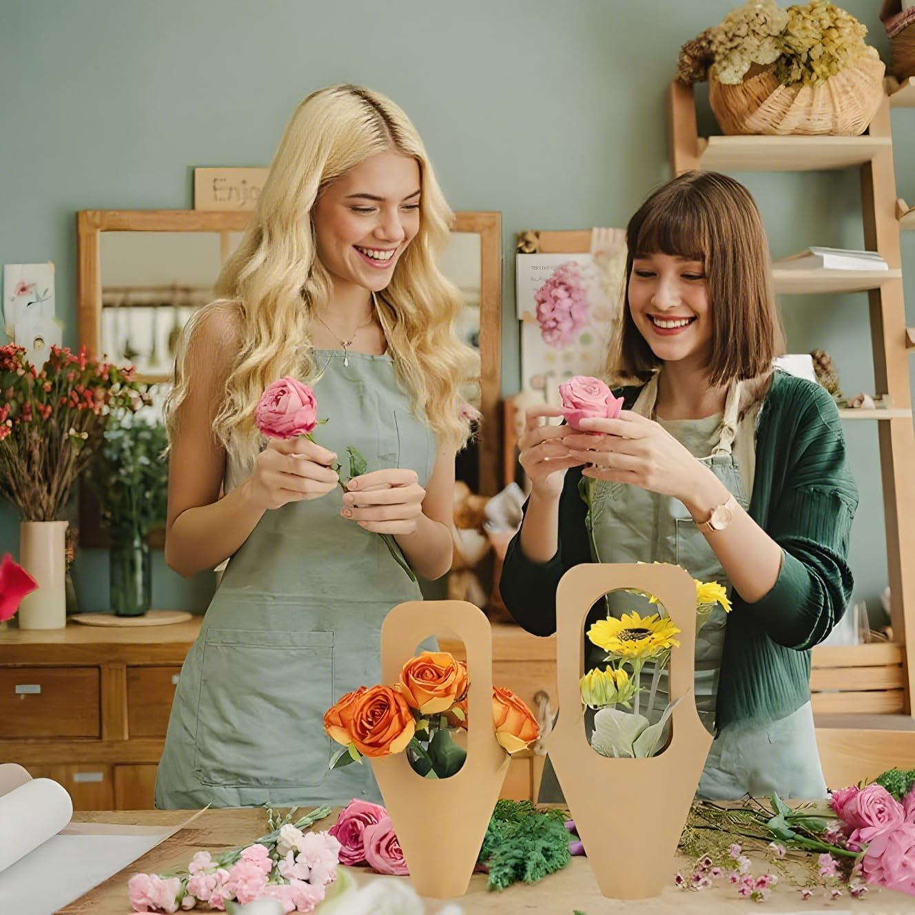 Flower Bouquet Bags with Handle Brown Paper Floral Gift Bags Flower Arrangement Bag Gift Box Convenient Handles Wrap Bags for Birthday Wedding Party Favors 40Pcs. image number 2