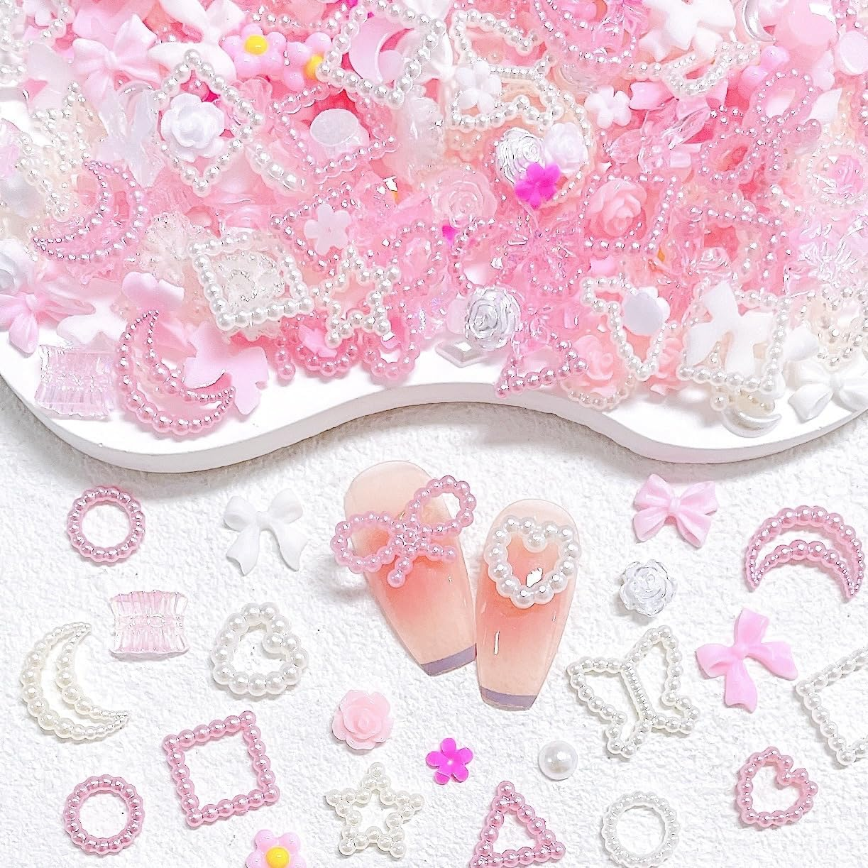Pink&White 3D Multi Shapes Nail Charms and Flatback Pearls, Mix Styles Heart Star Bow Flower Embellishments for Nail Art, DIY Craft and Decoration, Pink01 image number 4