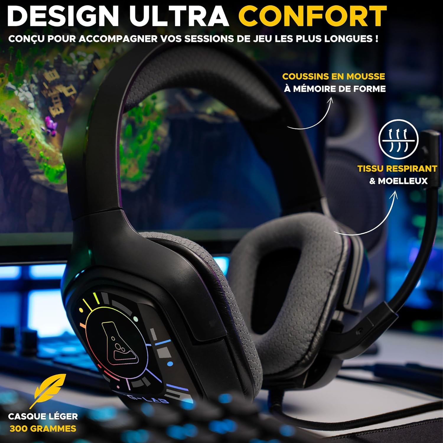 The G-Lab Korp Cobalt 7.1 EX - Gaming Headset 7.1 Surround Sound - Microphone Gamer Headphones Audio RGB Backlit Flexible Microphone Lightweight & Comfortable - Headphones PS5, PS4 image number 2