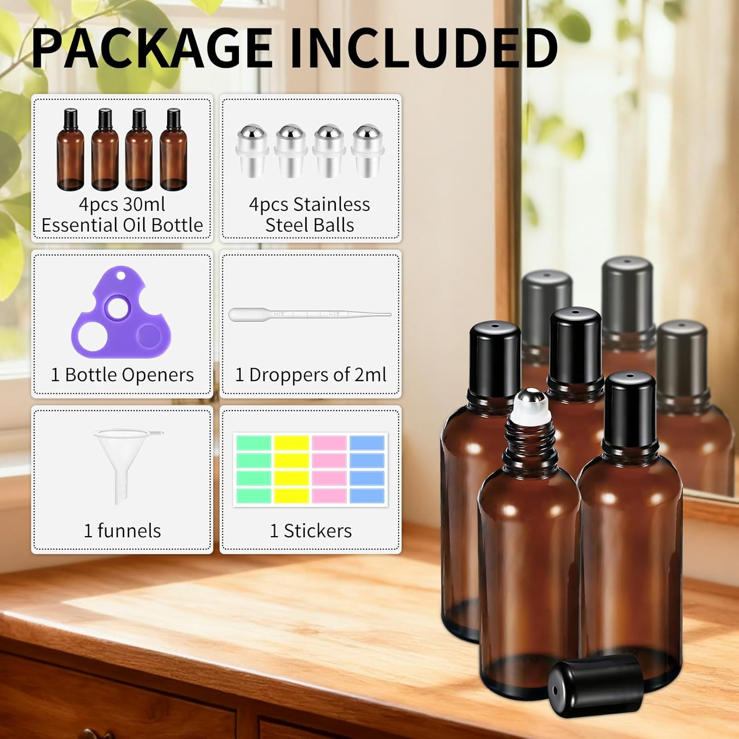 Lazy Dream Roller Bottles for Essential Oil, Empty Amber Glass Roller Bottle for Perfume Oil, Roll on Bottles with Stainless Steel Roller Balls, Opener, Funnel and Dropper for Aromatherapy, Massage image number 5
