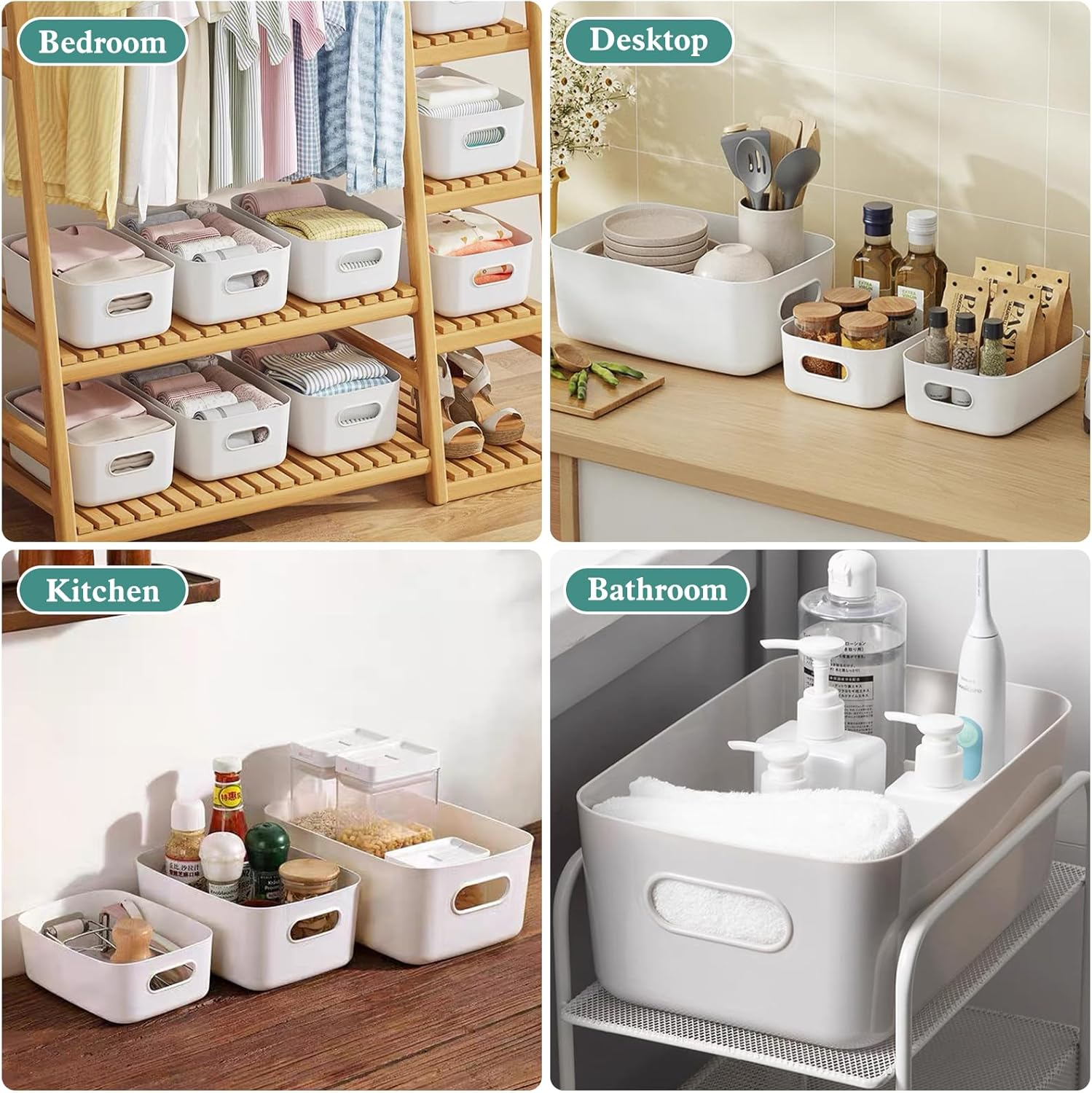 12 Pack Plastic Storage Baskets, Plastic Storage Bins with 3 Different Sizes, Home Kitchen Tidy Organiser with Handles for Kitchen Cupboard Office Bathroom Home (White) image number 6