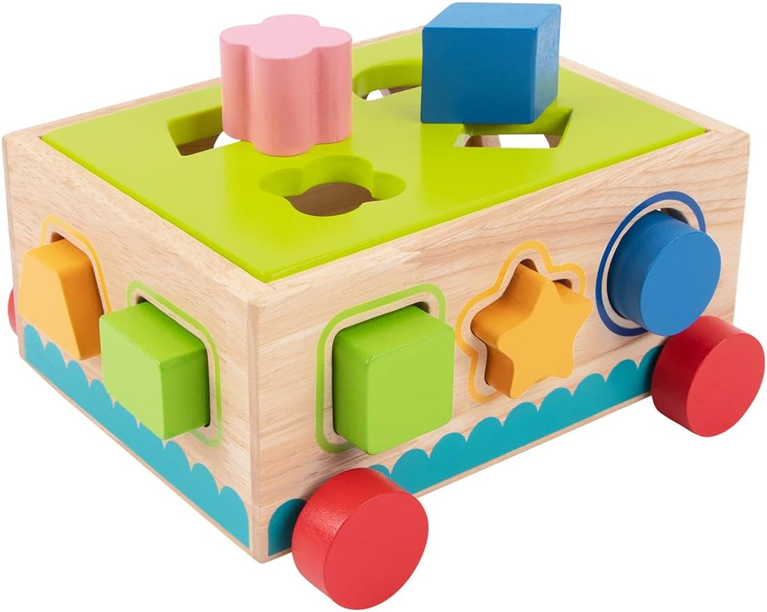 Tooky Toy Woode Shape Sorter Pull along Cart with Wooden Blocks Toddler Toy image number 3