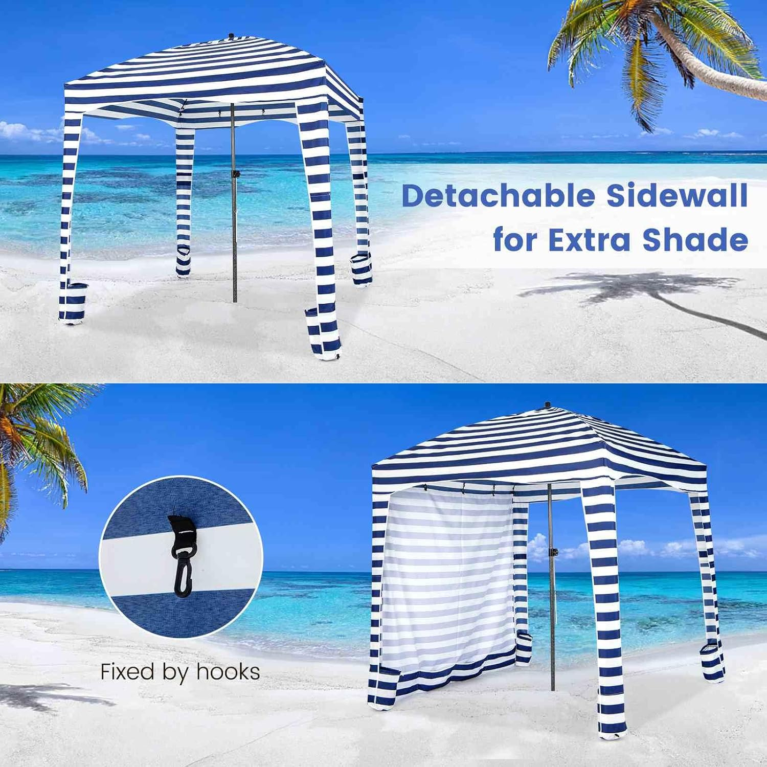 Costway 1.8 X 1.8M Foldable Beach Cabana Tent, Portable Beach Canopy with Carrying Bag, Detachable Sidewall, 8 Sandbags, Sun-Protection Outdoor Shade Instant Sun Shelter for Beach Patio Camping Picnic