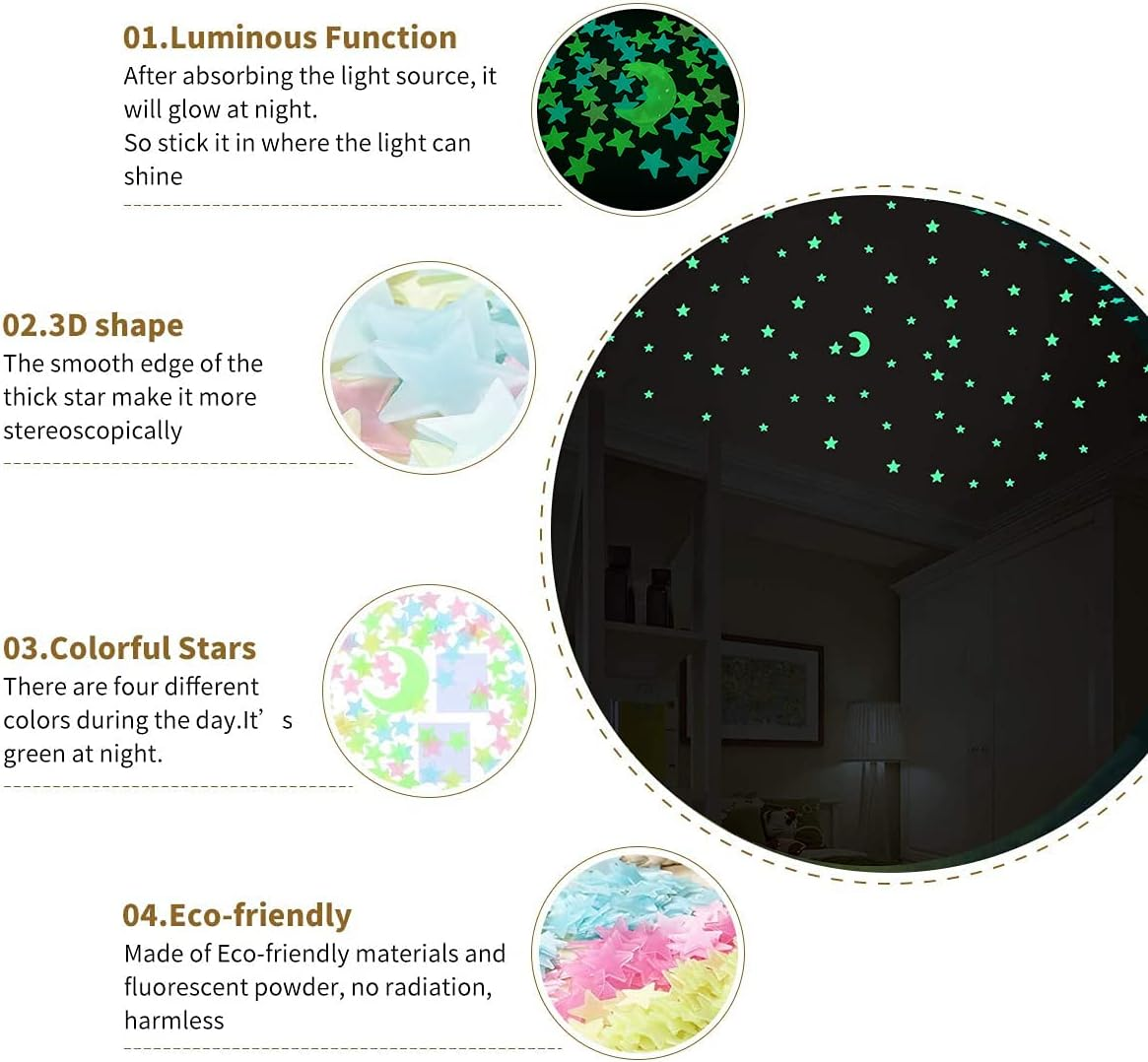 200 Pcs Colorful Glow in the Dark Luminous Stars and Moon Fluorescent Noctilucent Plastic Wall Stickers Murals Decals for Home Art Decor Ceiling Wall Decorate Kids Bedroom Room Decorations image number 1