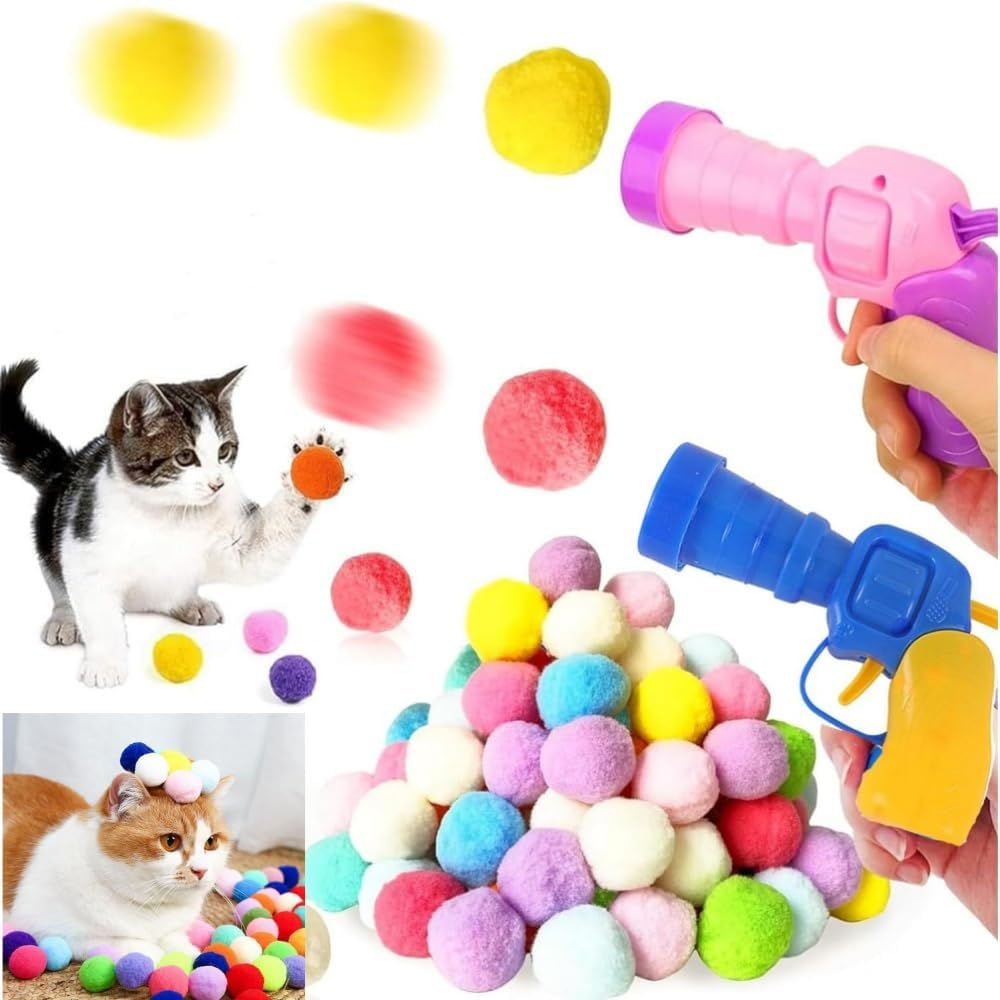 DACUAN Cat Toys Balls Launcher, 30PCS Pom Pom Balls & Cat Toy Launcher Set,Cat Plush Ball Toy Colorful Plush Toy Balls for Cat, image number 1