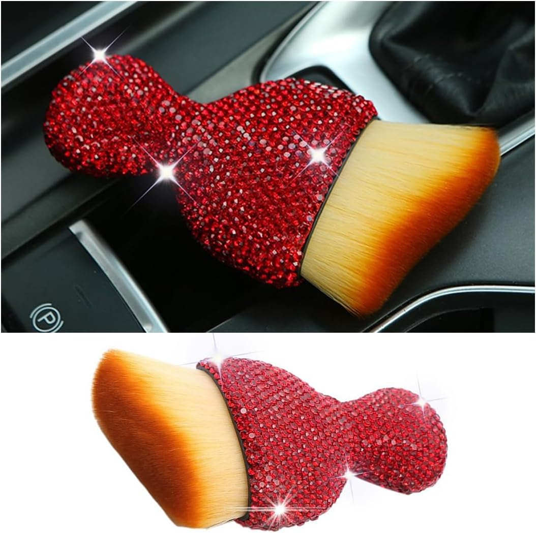 Zipelo Auto Interior Dust Brush, Car Detailing Cleaning Brush with Diamond, Bling Handle Soft Bristles Dusting Tool, Scratch Free Dirt Clean Brushes for Vehicle Dashboard, Air Conditioner Vent (Red) - Black image number 2