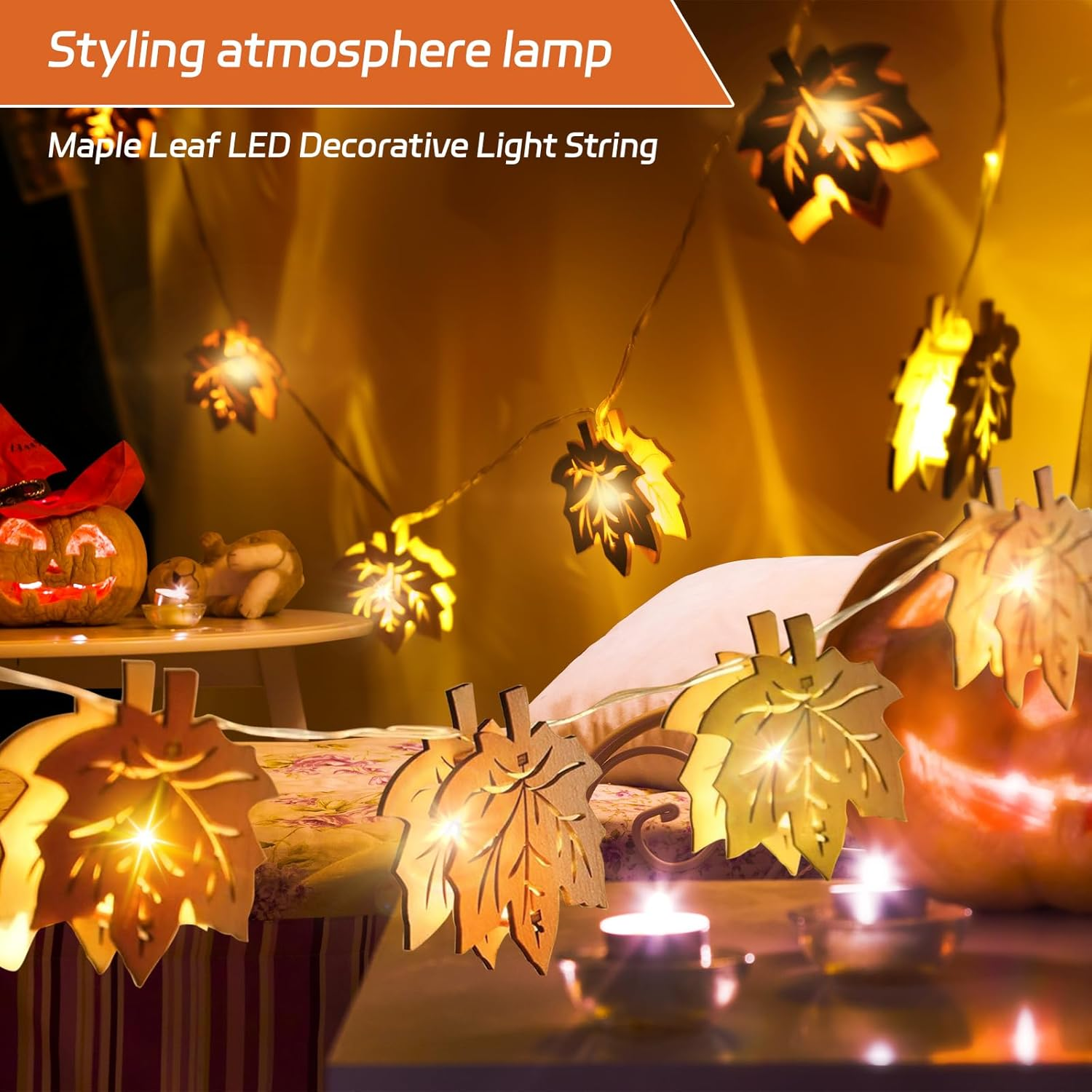 Ydseozoa 1.5 M Autumn Decoration Fairy Lights, Wooden Maple Leaves Fairy Lights, 10 Leds, Artificial Maple Leaf Autumn Hanging Garland for Halloween Thanksgiving and Christmas Decoration image number 3