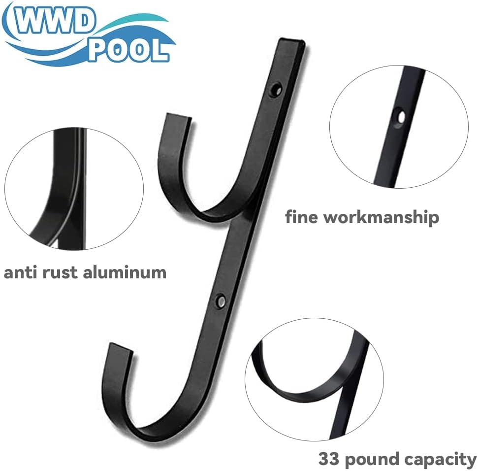 WWD Pool Swimming Pool Aluminum Pole Hanger Set, Black, 2-Pack (4 Hooks), for Telescoping Poles, Leaf Rakes, Skimmers, Nets, Brushes, Vacuum Hoses (2 Pair [ Black ]) image number 1